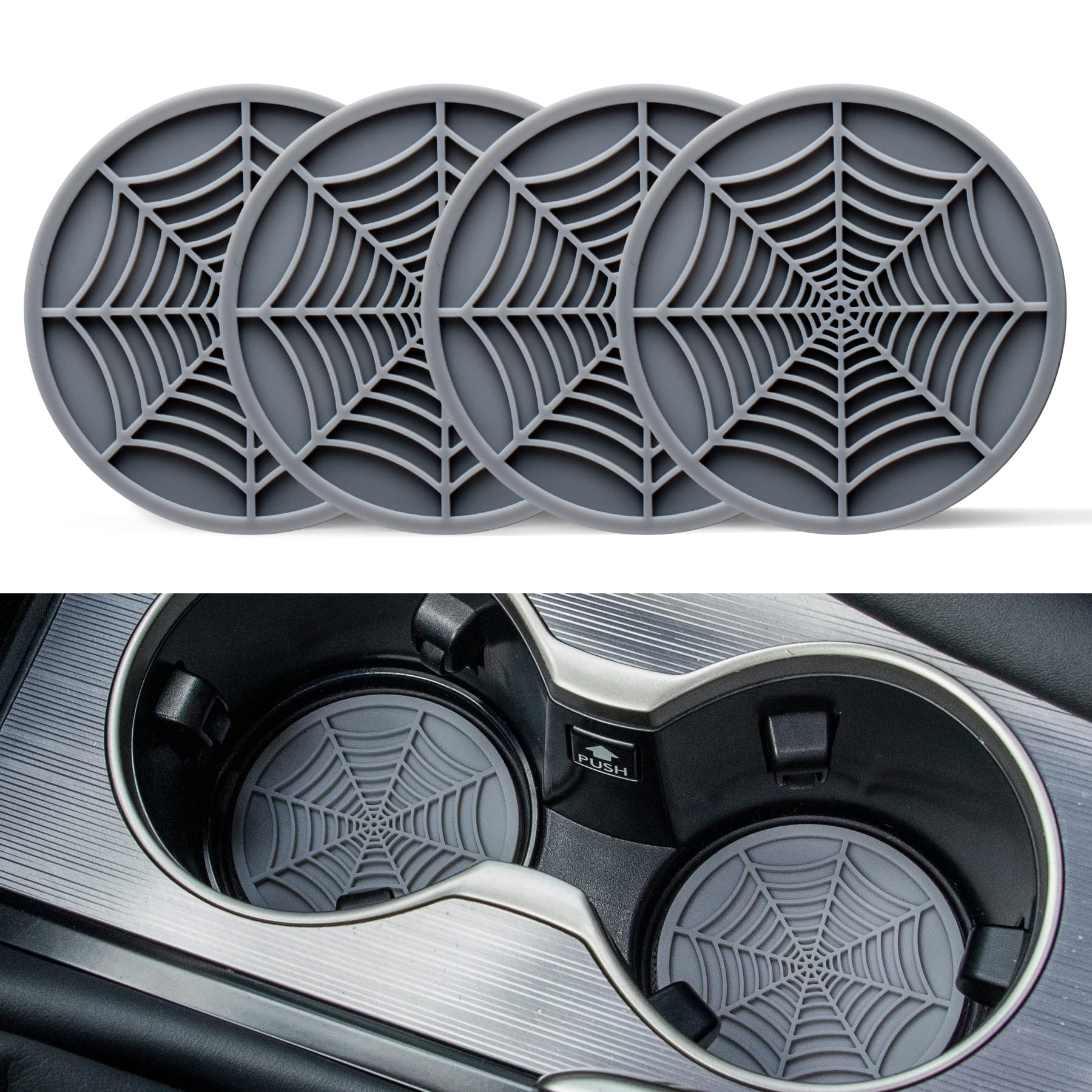 Alpmosn 4PCS Spider Web Car Coasters for Cup Holders, Halloween Funny Non-Slip Silicone Insert Ornaments Coasters, Automotive Cupholder Goth Accessories for Men & Women(Gray)