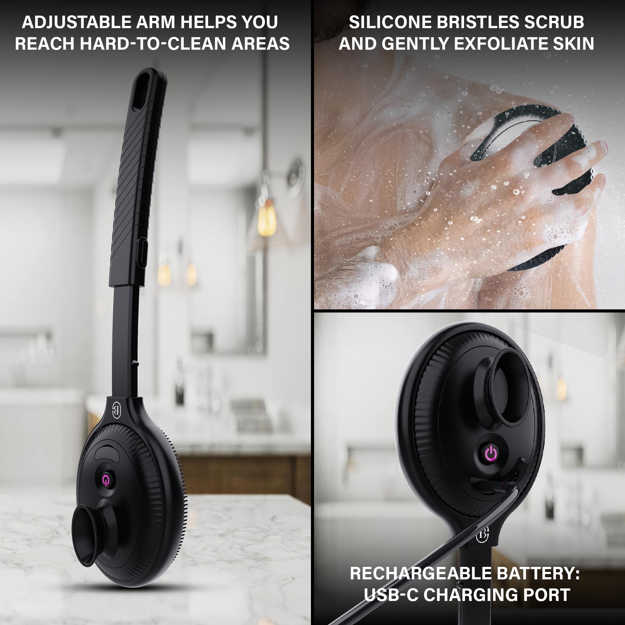 Bella Ciao Limpiador vibratorio de ducha corporal y facial para hombres, 4 modos de vibración, mango extensible, cabezal desmontable, cepillo de masaje de silicona, carga USB-C, IPX7 impermeable