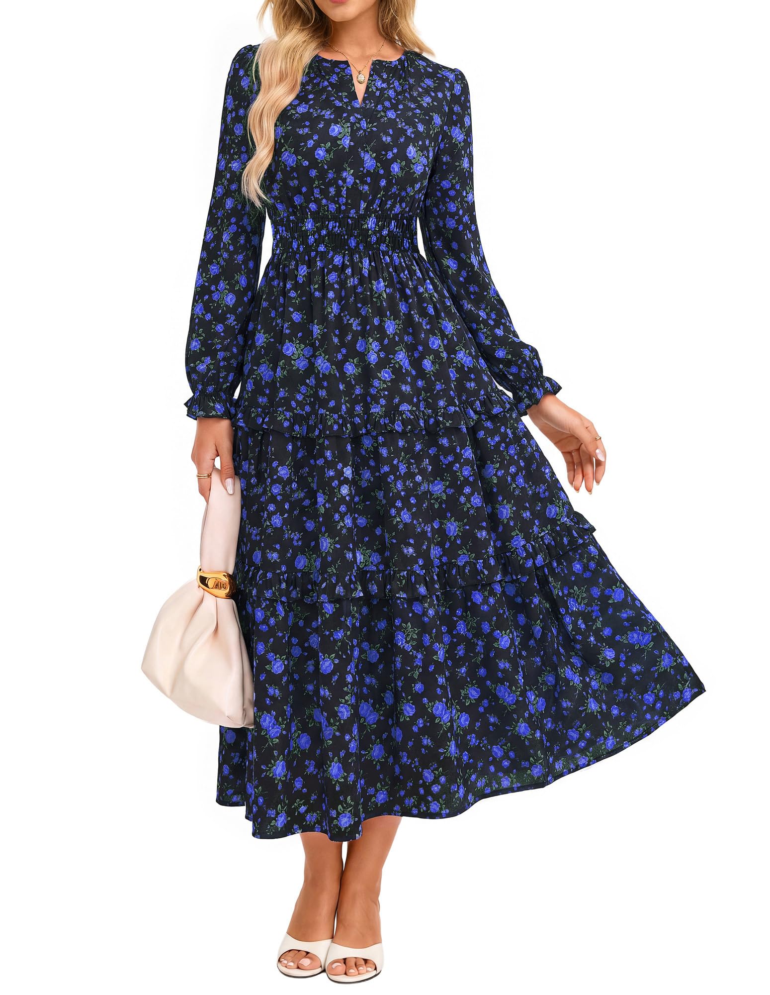 GRACE KARIN Women's Floral Long Sleeve Maxi Dress 2026 V Neck Fall Wedding Guest Outfits Boho Flowy Dresses with Pockets