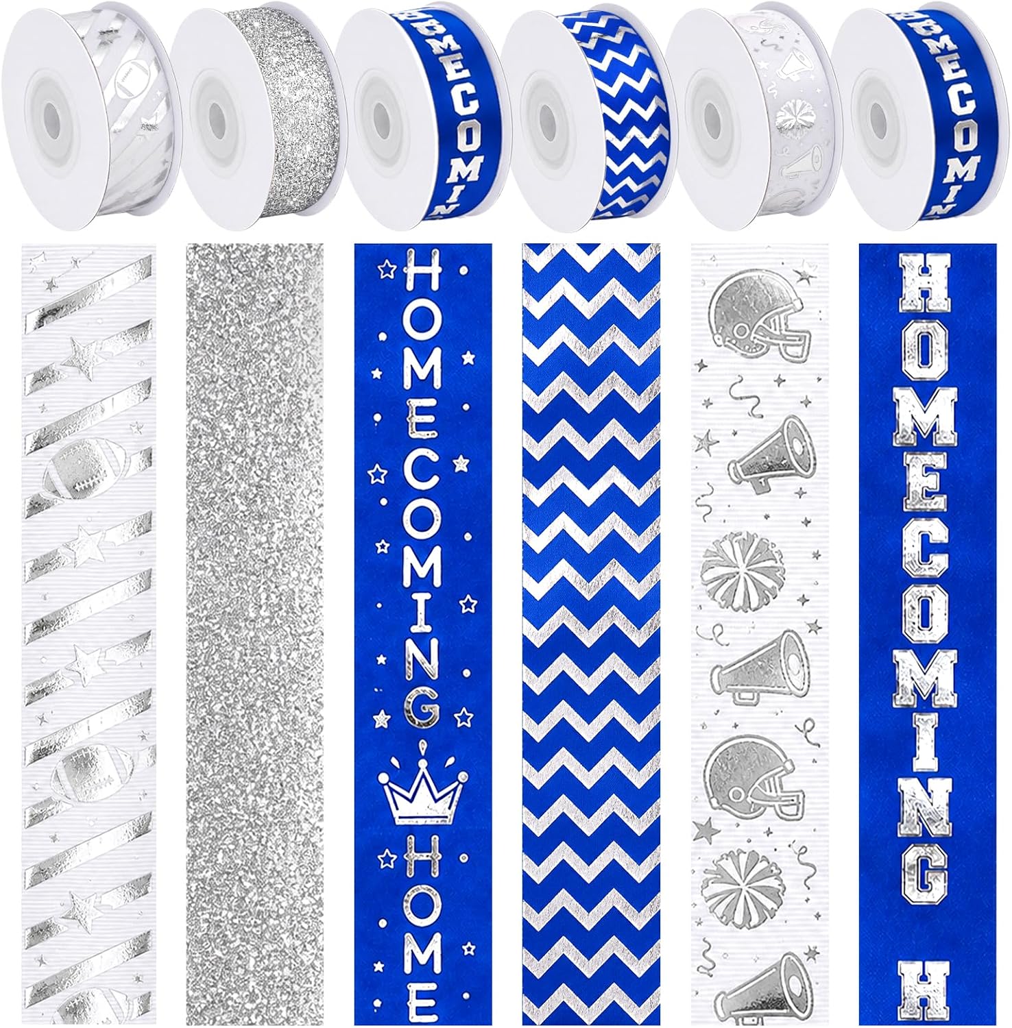 60 Yard Blue Silver Homecoming Ribbon Set 7/8 Inch x 10 Yards Football Cheer Crown Polka Dot Printed Ribbon for DIY Homecoming Mum Crafts School Spirit Decorations