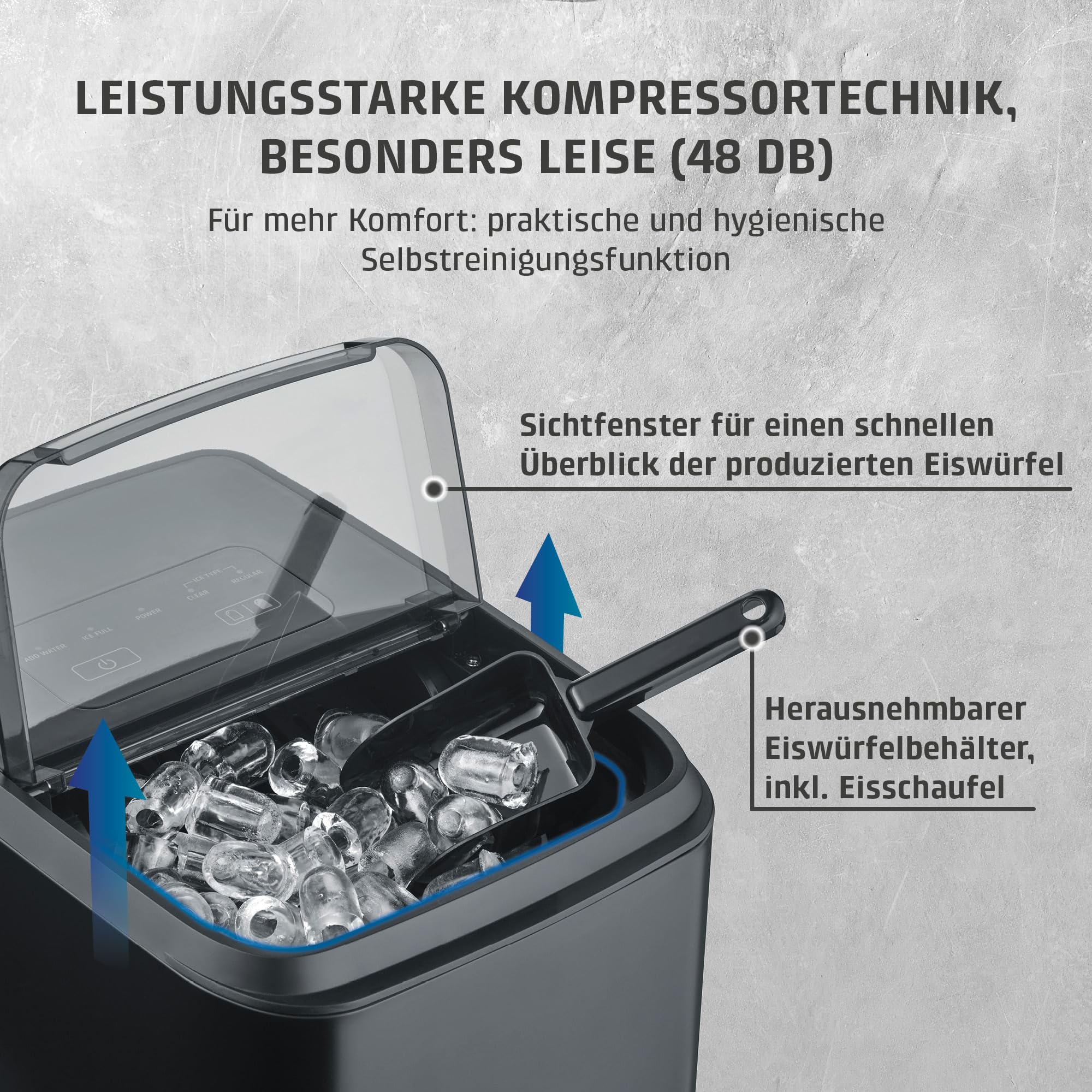CASO Clear Ice Advanced Eiswürfelbereiter mit Kompressor – Leise 48 dB, klare & matte Eiswürfel, 8–12 Min., 1,5 l Wassertank, Selbstreinigung, matt schwarz