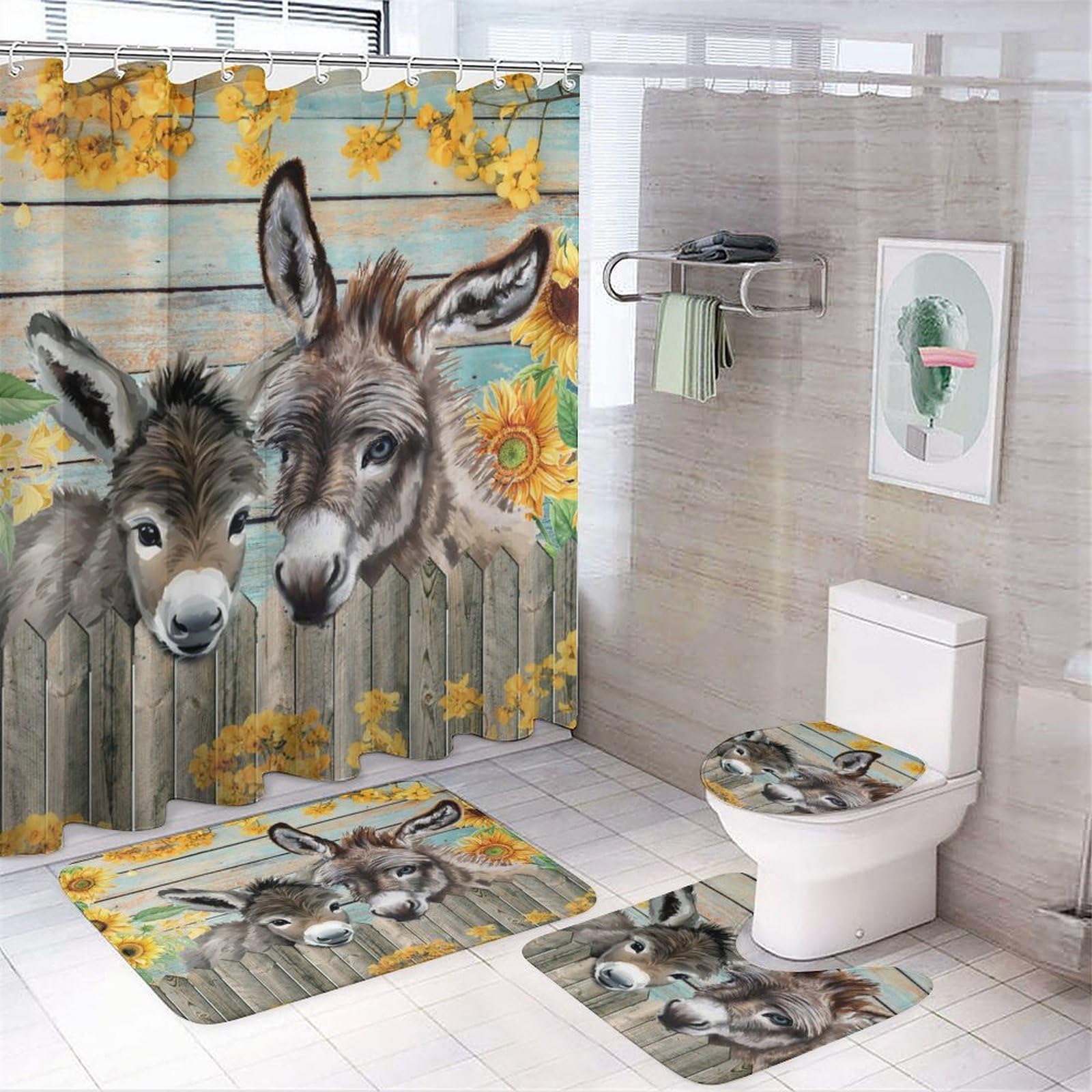 Rustic Farmhouse Animals Donkey 4 Pcs Waterproof Shower Curtain Set,Cute Funny Watercolor Wooden Board Floral Sunflower with Waterproof Toilet Cover