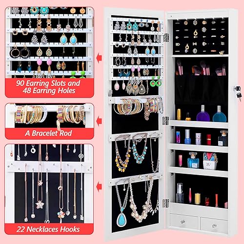 Miniatura 3 de Armario de joyería con espejo de 6 LED, organizador de joyas con cerradura para montar en la paredpuerta con espejo de longitud completa, espejo con