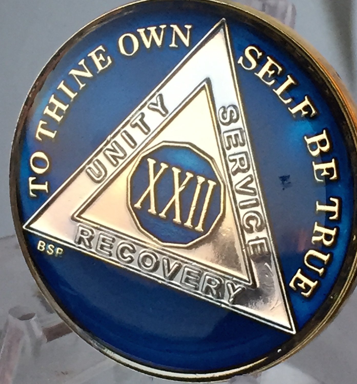 Bright Star Press22 Year Midnight Blue AA Alcoholics Anonymous Medallion Chip Tri Plate Gold & Nickel Plated