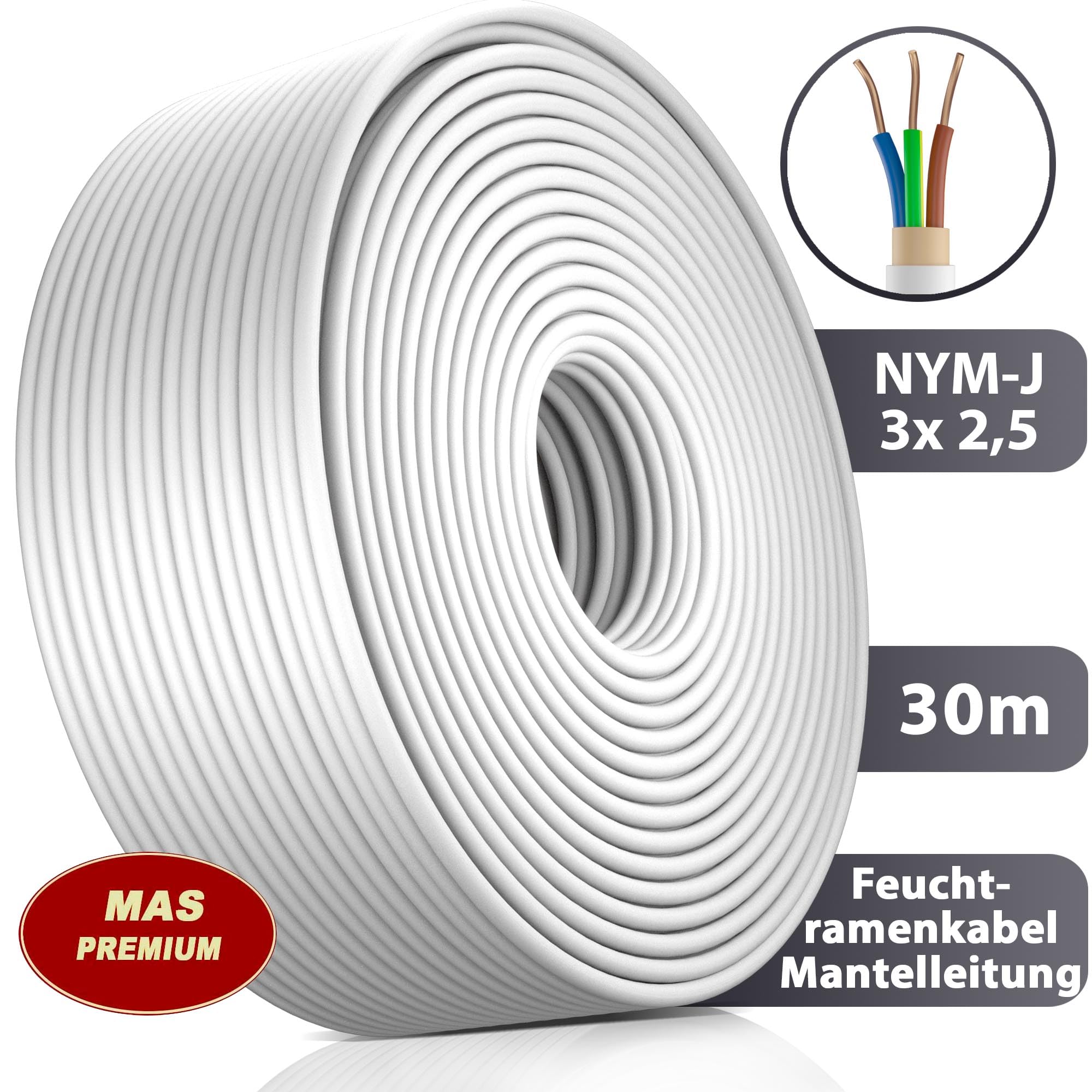 MAS Premium Cable de alimentación para ambientes húmedos, cable de alimentación de 5 – 200 m, NYM-J 3 x 1, 5 2,5 4 4 6 10 o 5 x 1,5 2,5 4 6 10 16 cable eléctrico para instalación fija (NYM-J 3 x 2, 5