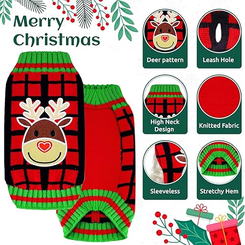 Miniatura 3 de Suéteres de Navidad para perros con agujero para la correa, lindos trajes de Navidad de Papá Noel, disfraces a cuadros para invierno, ropa cálida