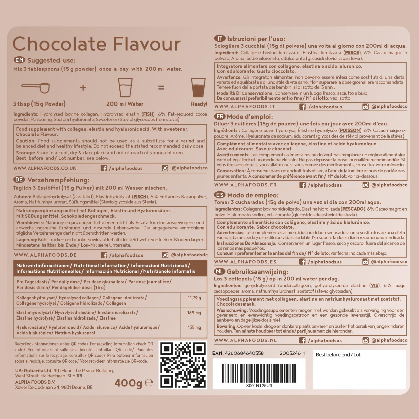 Alpha Foods Kollagen Pulver, Hyaluron & Elastin, Schokoladengeschmack, 400g – Ansicht 12