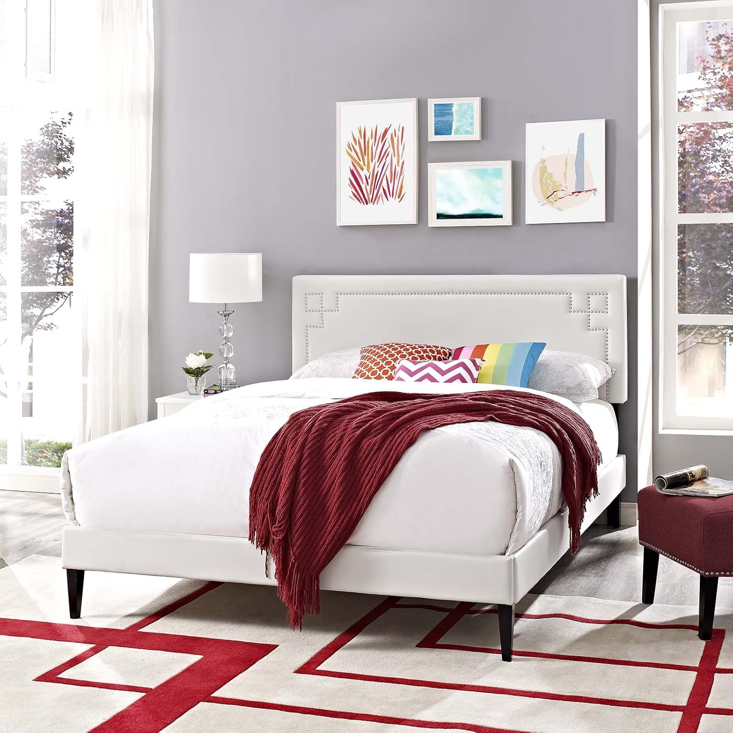 Modway Ruthie Faux Leather Upholstered Queen Platform Bed Frame in White With Tapered Legs