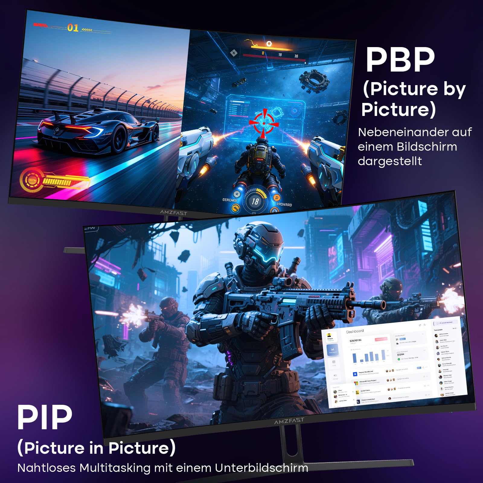 Amzfast Monitor da Gaming Curvo 1500R con Adaptive-Sync, HDMI/DisplayPort, 27 pollici 240Hz/QHD