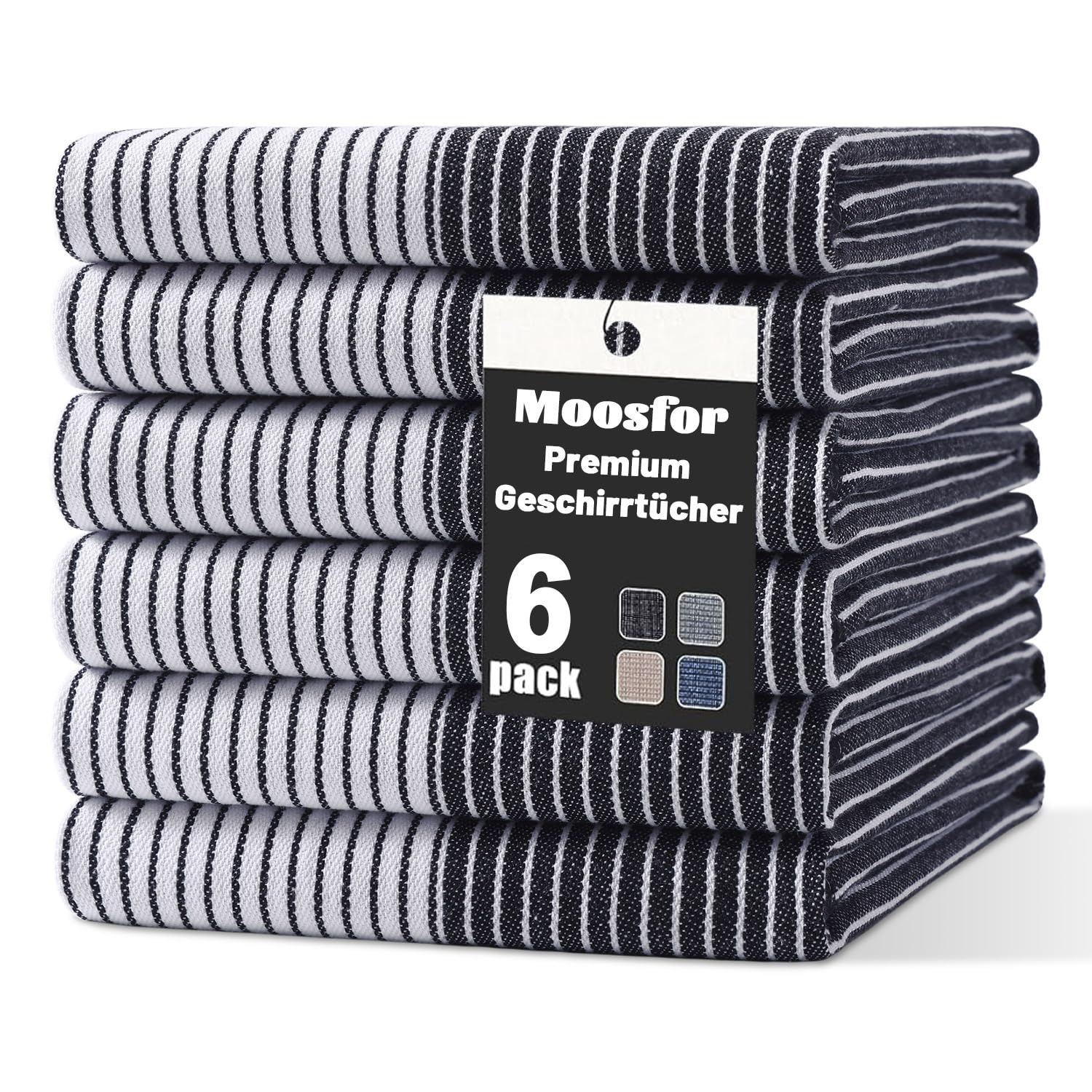 Moosfor Premium Geschirrtücher 100% Baumwolle, 6er Set 46 x 72 cm, Weich&Dick, Saugstark&Langlebig, Oeko-TEX Zertifiziert, Küchentücher Spüllappen Putzlappen, Gastronomiequalität, Schwarz