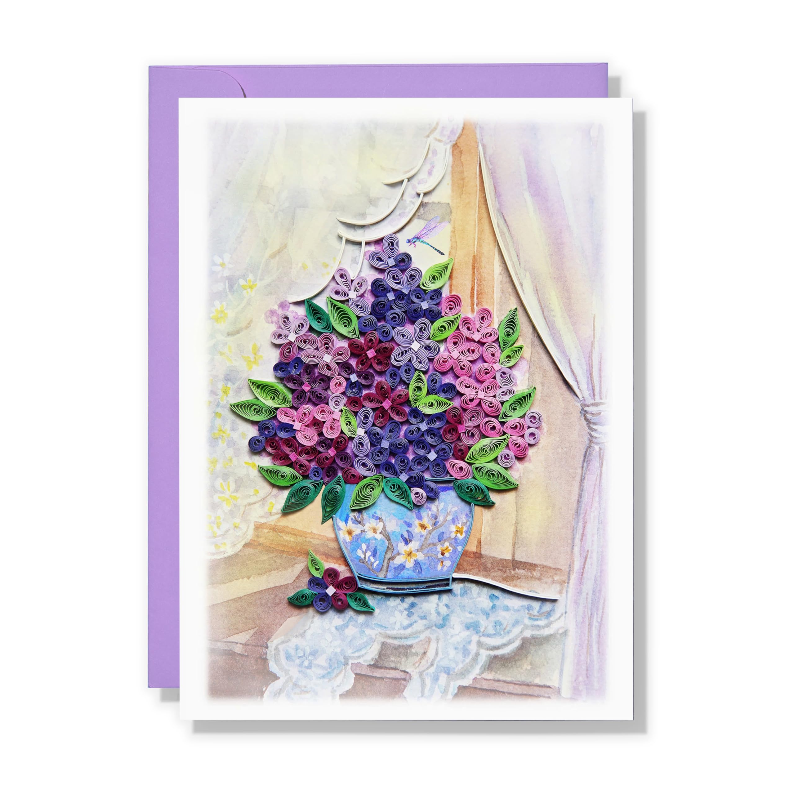 MeeSunnie Garden Lilacs in Blue Vase Card, Quilling Cards for All Occasions, Birthday, Mothers Day, Anniversary, Watercolor Classy Card for Women, Mom