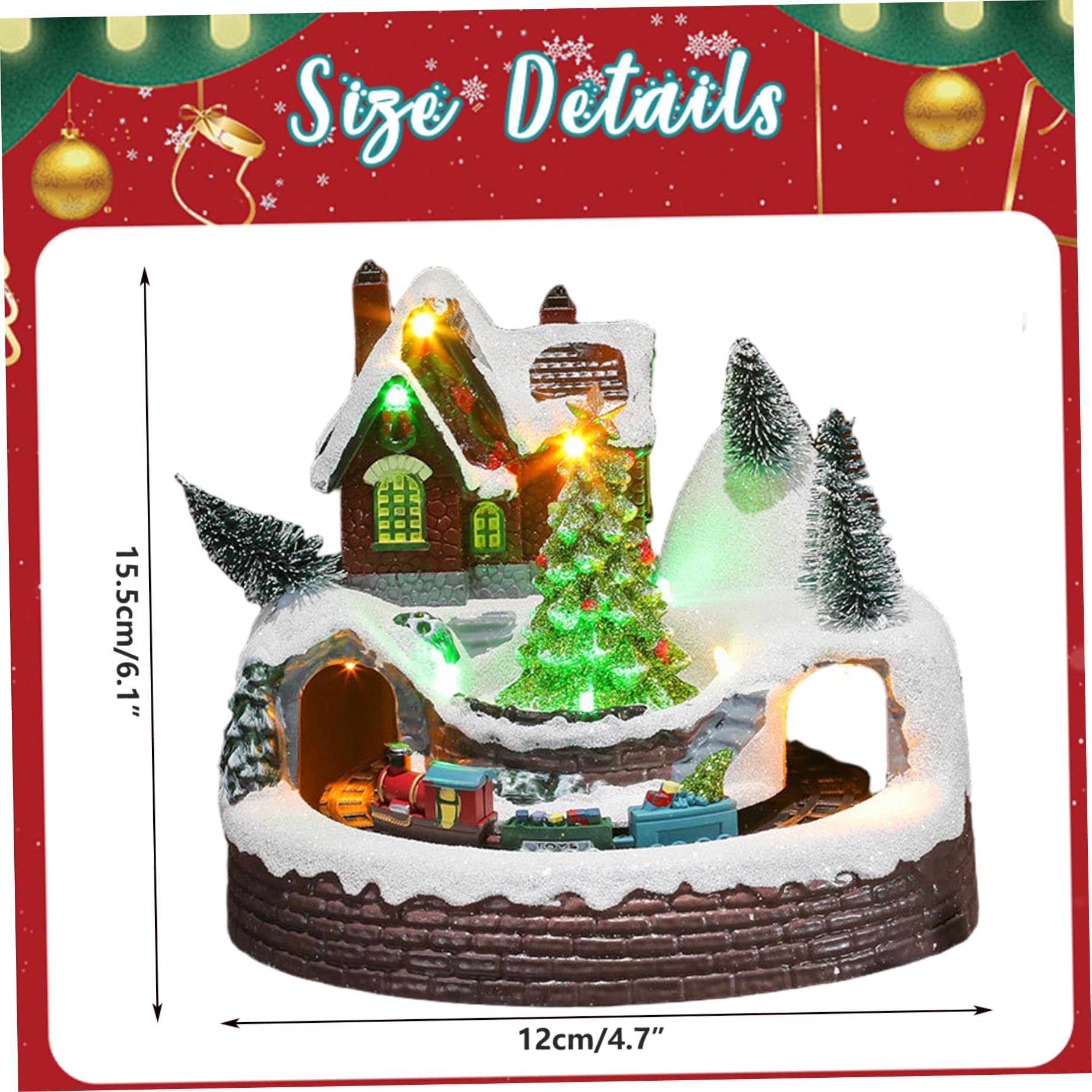 Figurines de Village de Noël avec Train tournant et Arbre Noël, Maison Village en résine avec Musique et lumière LED pour décoration fête, Ensembles