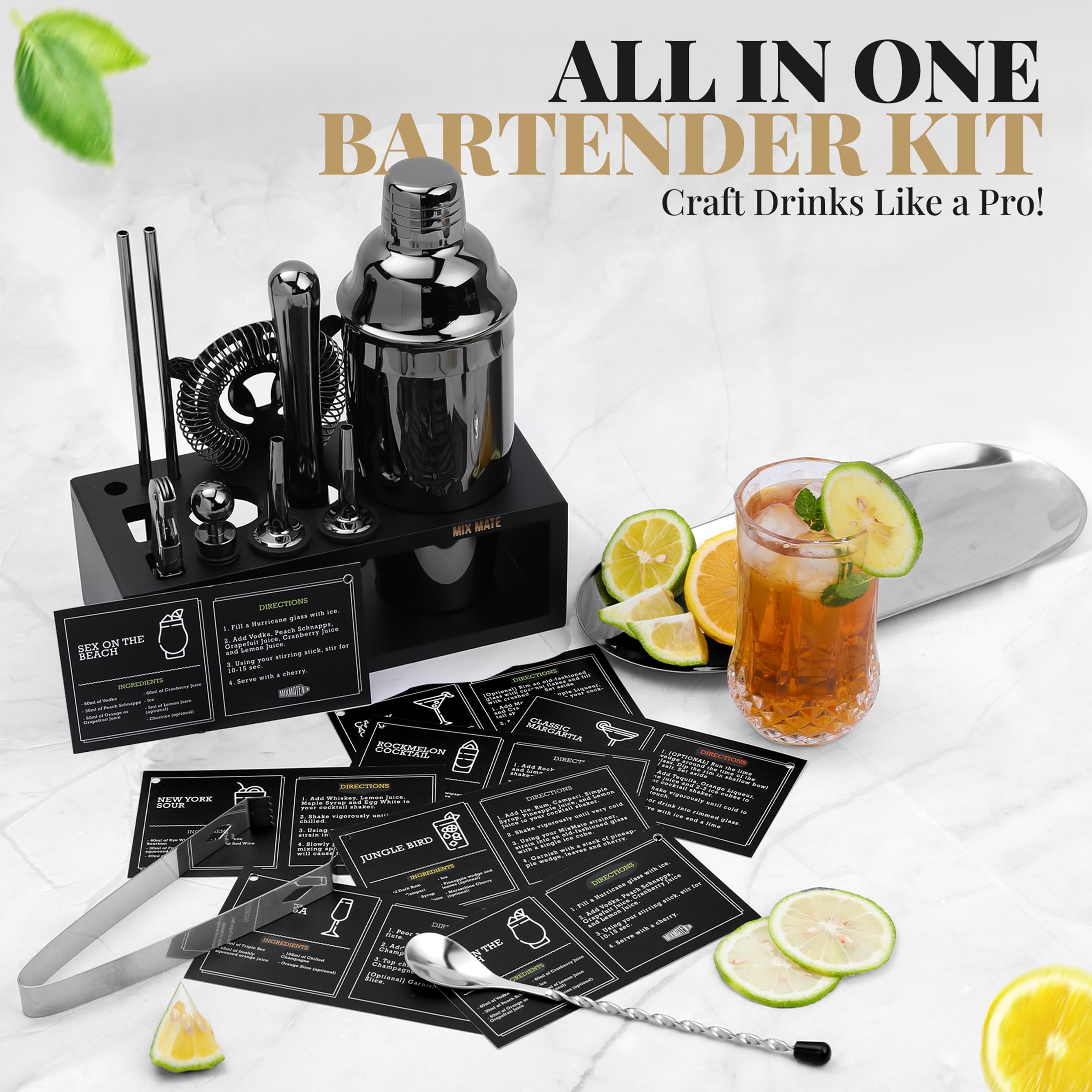 Juego de coctelera de acero inoxidable negro con soporte de madera, kit de camarero de 15 piezas con coctelera, cuchara de bar, medidor, mortero, colador, abridor de botellas, tapón, boquilla de