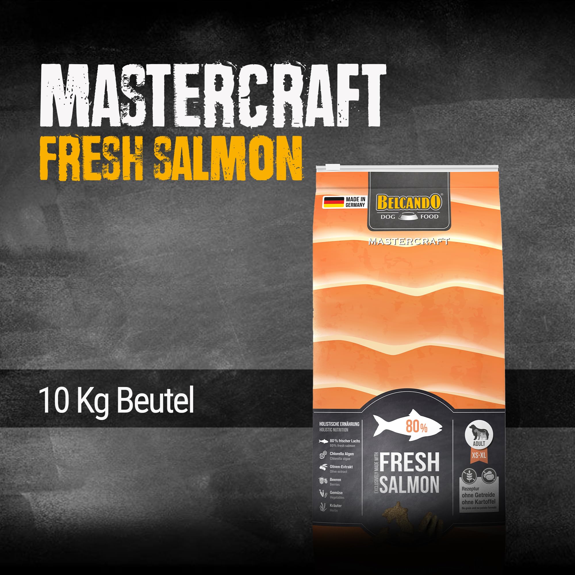 BELCANDO MASTERCRAFT Hundefutter trocken Fresh Salmon, 10kg, Trockenfutter für Hunde mit Lachs, 80% Frischfleisch, getreidefrei, für alle Rassen, Made in Germany