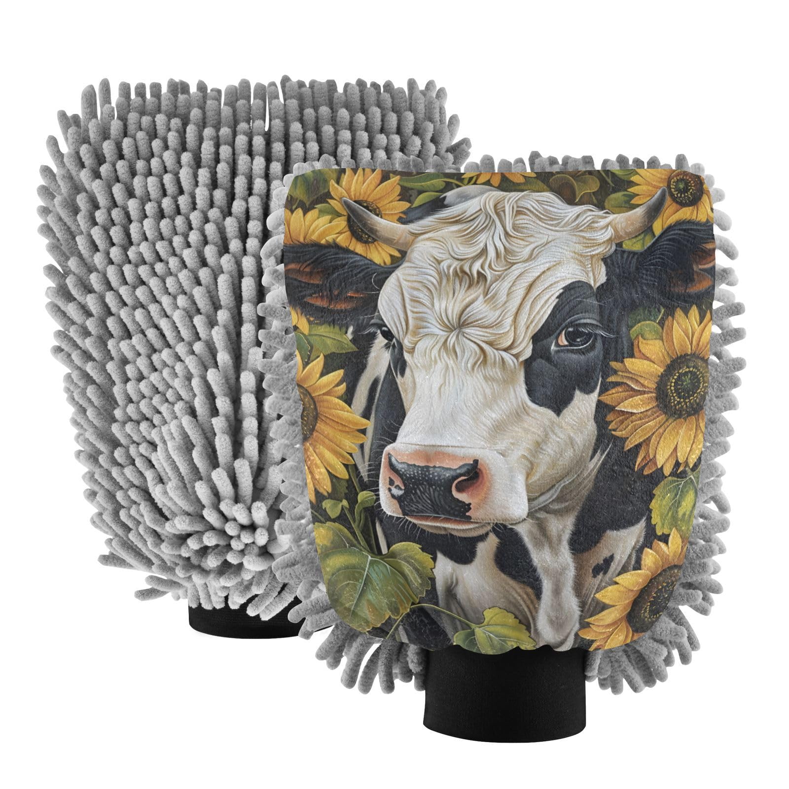 ALAZA Cow and Sunflower Car Wash Mitt Scratch Free, 2 Pack Absorbent Microfiber/Chenille Washing & Drying Mitts, M