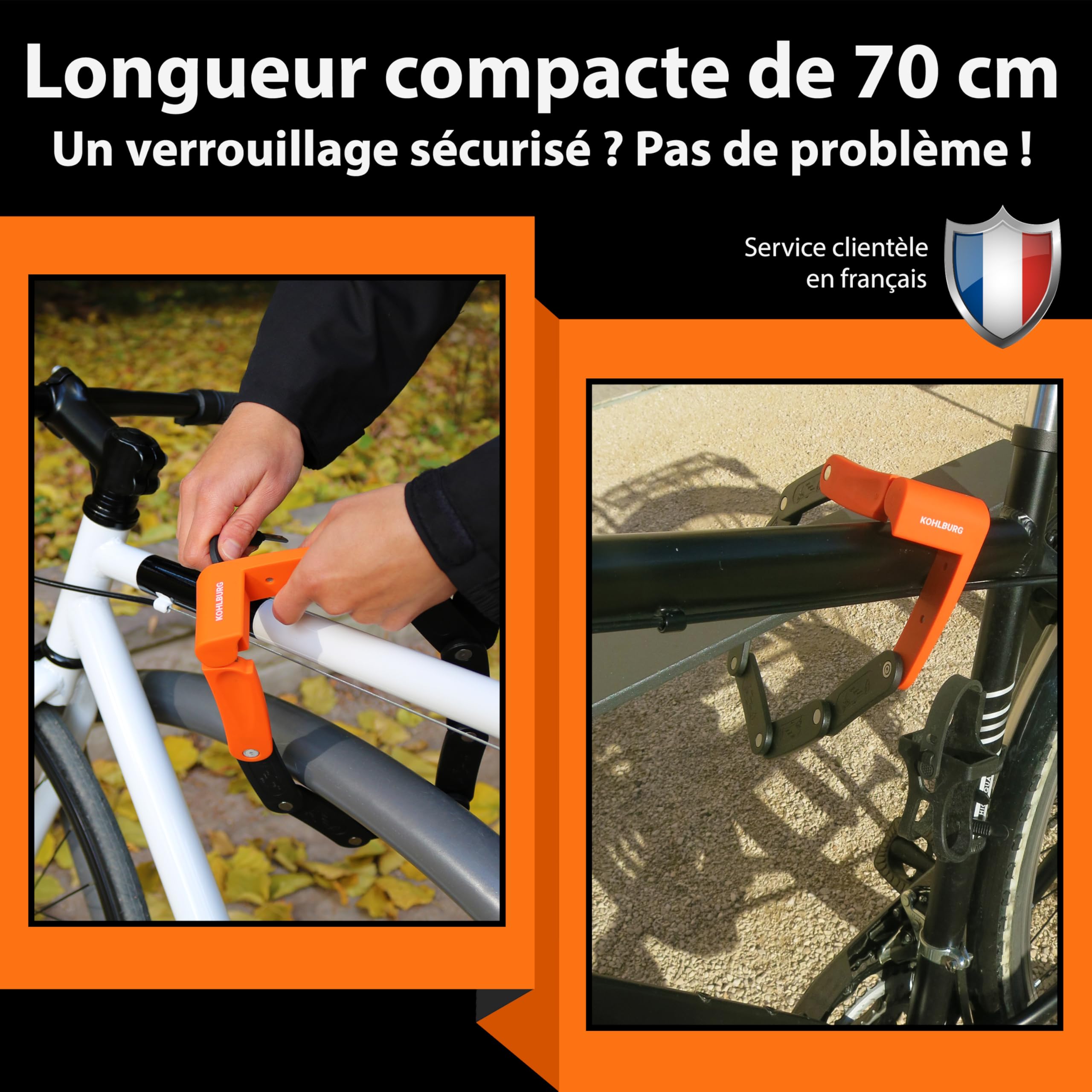 KOHLBURG Antivol pliable léger - 680 g léger et 70 cm de long avec support | Antivol velo en acier trempé, aussi comme antivol velo electrique, ebike et cadenas trotinette electrique