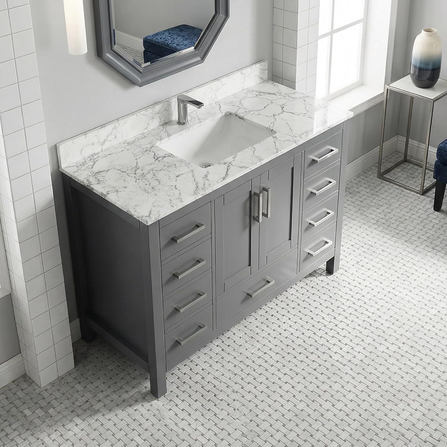 48 inch Bathroom Vanity with Sink, Bathroom Vanities with Ceramic Basin, Undermount Vanity Sink Cabinet with 1 Doors and 9 Drawer, Bathroom Storage Cabinet with Sink Combo Set, Gray