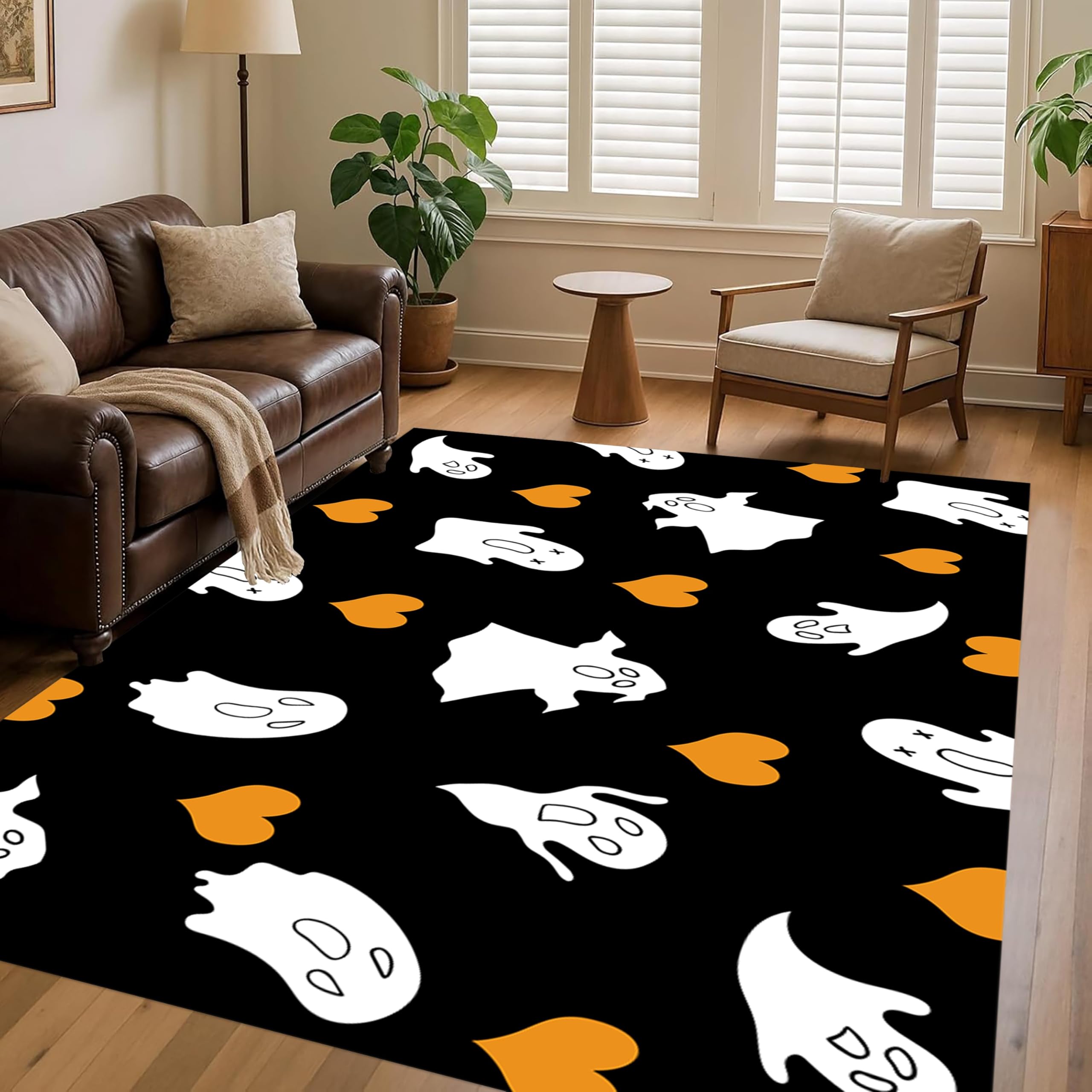 LHOMKCV Halloween Area Rug, 60x90cm, Spooky Ghost Love Heart Funny Black Hall Rugs, Washable Non-Slip Breathable Gothic Neutral Carpet for Living Room Kitchen