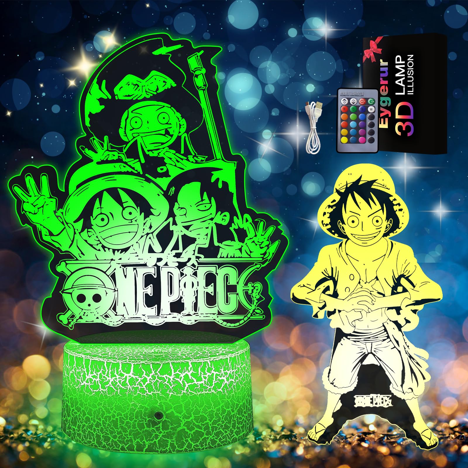 Lampada One Piece,Luce Notturna One Piece Luffy 2 in 1 - Lampe One Piece Manga Intelligente con telecomando a 3D LED 16 colori Idea Regalo di Natale One Piece Decorazione per la camera dei bambini