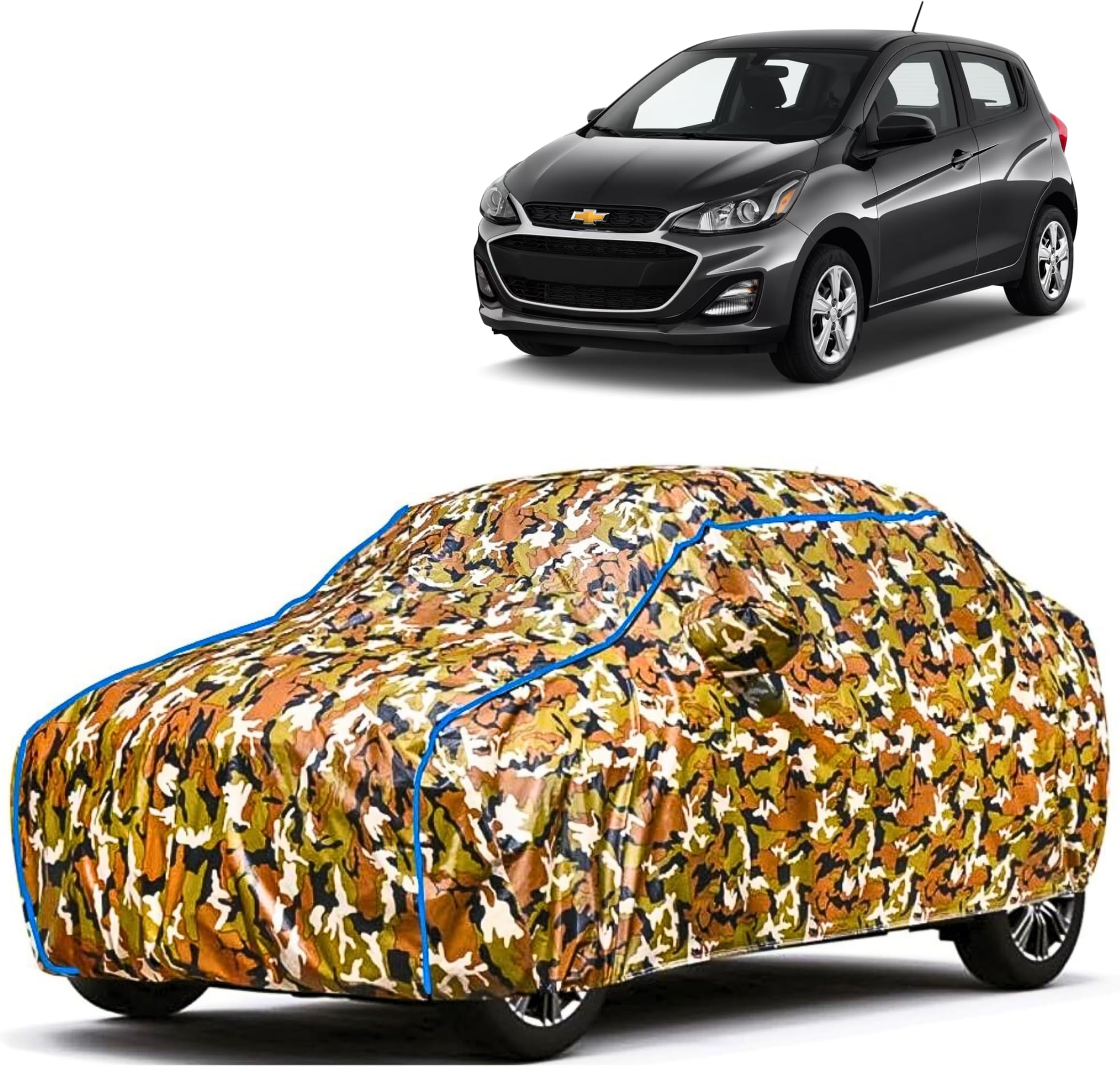 100% Waterproof Car Cover Compatible with Chevrolet Spark Full Body Cover, Durable All-Weather Protection Camouflage Print with Mirror Pocket and Adjustable Strap with Elastic Bottom
