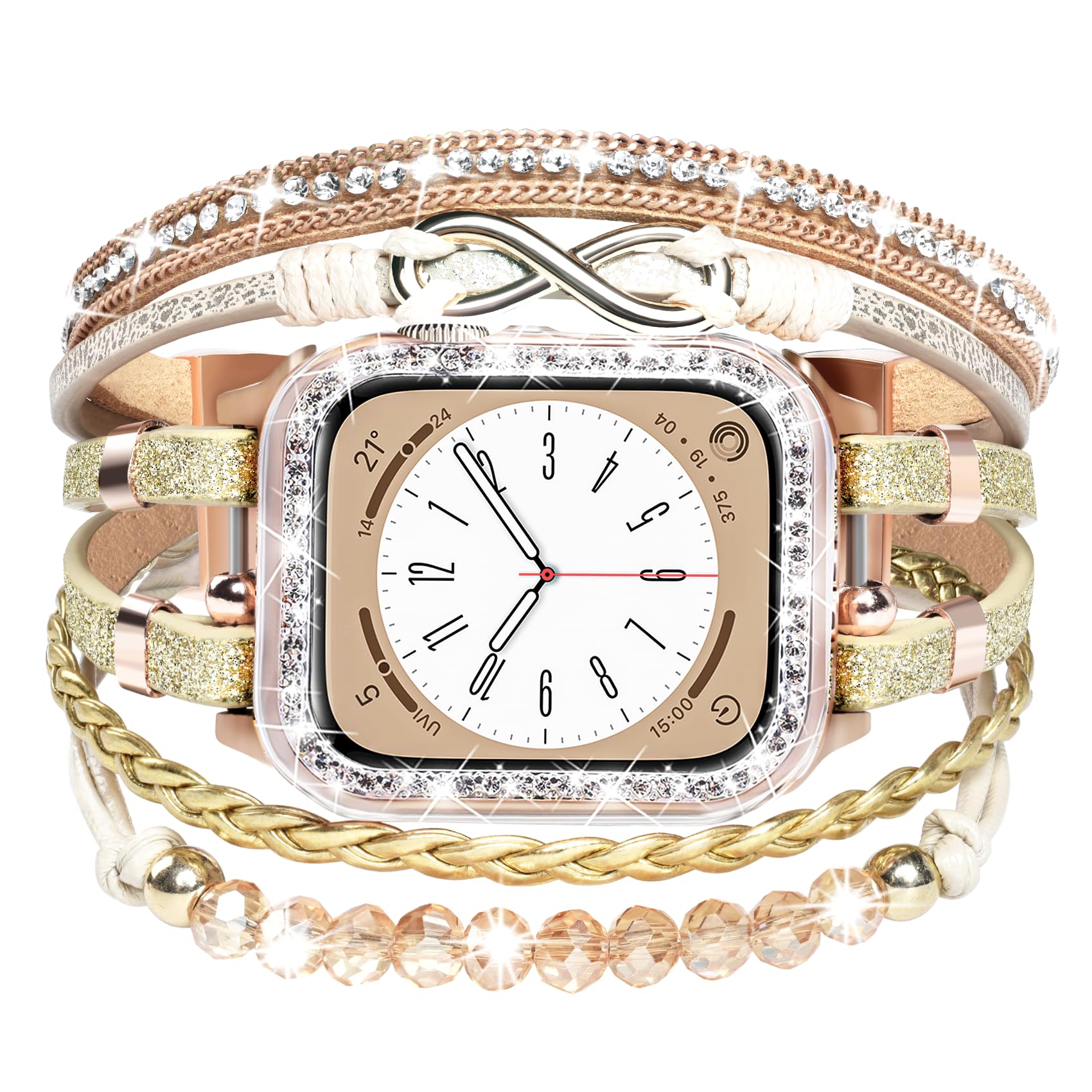 Boho Bracelet & Case Compatible with Apple Watch Band 40mm 44mm 45mm 46mm 41mm 38mm 42mm(S11 S10) Women, Dressy beaded Handmade Leather Strap for