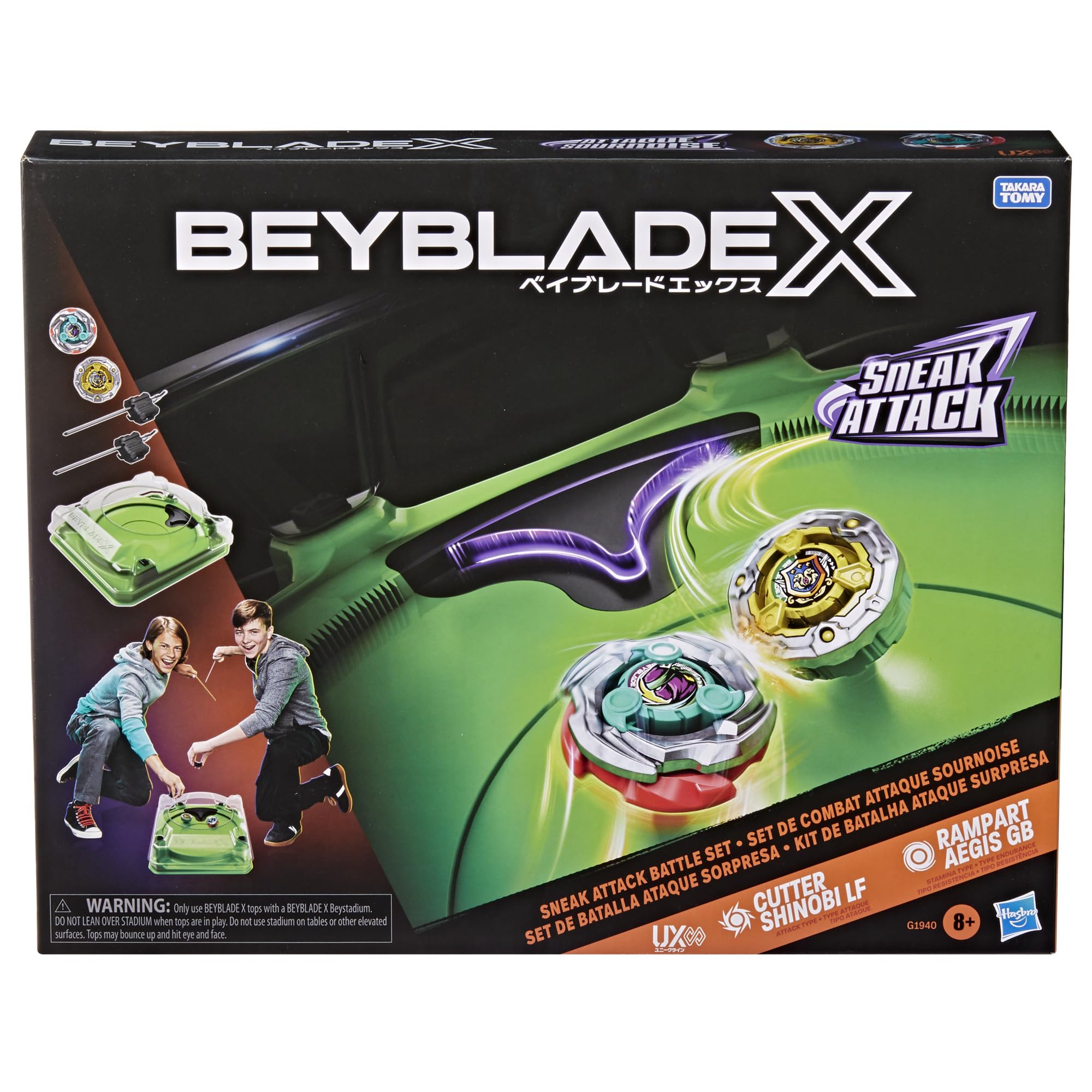 Beyblade X, Set de Batalla Sneak Attack con Arena Beystadium, 2 Tops Takara Tomy de rotación Derecha, 2 lanzadores, A Partir de 8 años