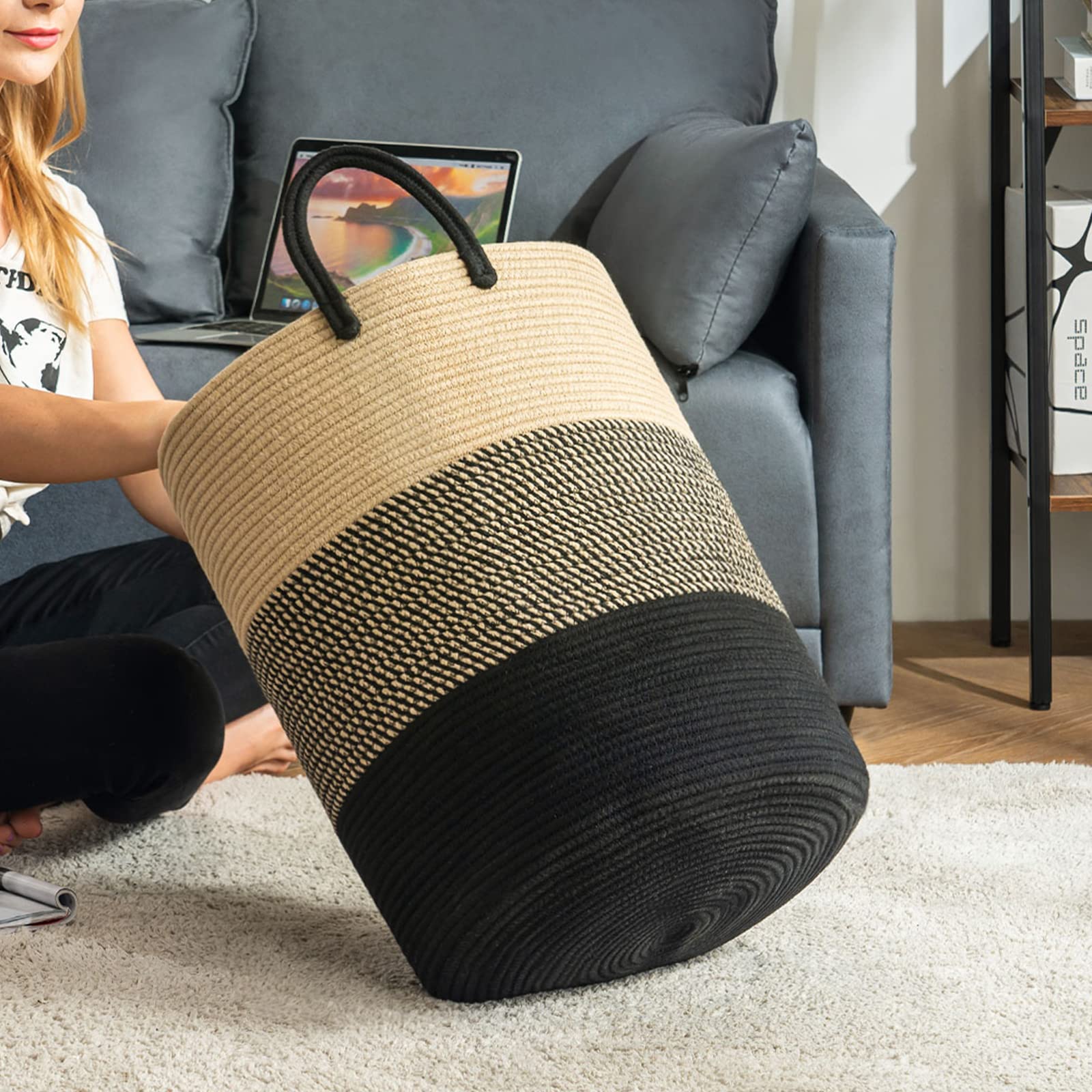 YOUDENOVA Woven Rope Laundry Hamper with Handles, Tall Laundry Basket for Blanket Storage, Heavy Duty Clothes Hamper for Bedroom-58L-Large-Brown