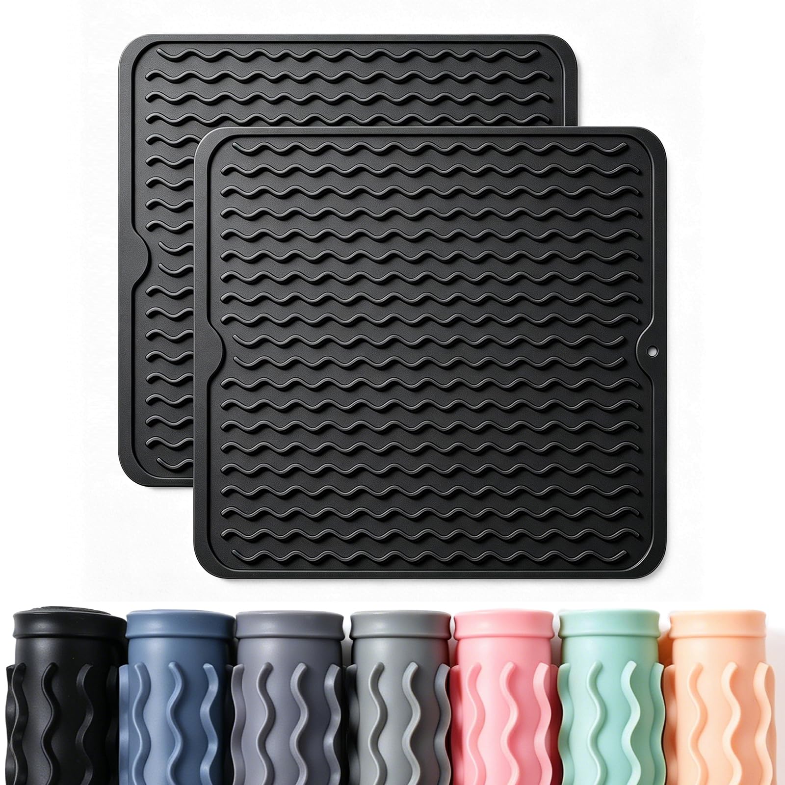 Photo 1 of 2 Pack Caketime Silicone Dish Drying Mat for Kitchen Counter Under Sink Protector Organizers Cooking Baking Espresso Machine Accessories Coffee Mats Appliance Stone Rack Trays Drain 12"x12" Black