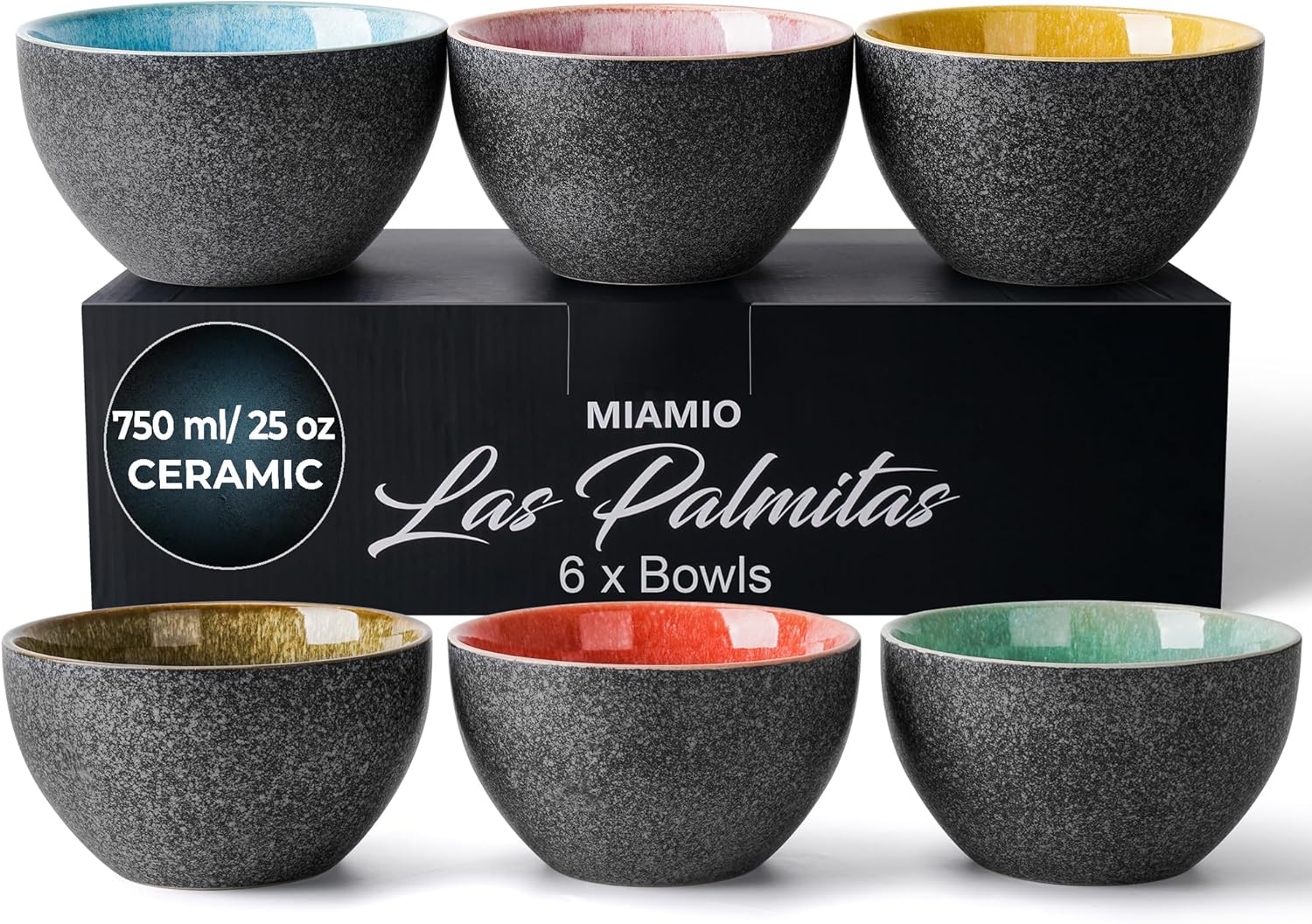 MIAMIO – 750 ml, Bowls Set of 6, Ceramic Bowl, Salad bowls, Soup Bowl, Cereal Bowl, Kitchen Bowls, Rice Bowls – Microwave, Dishwasher and Oven safe – Las Palmitas Collection