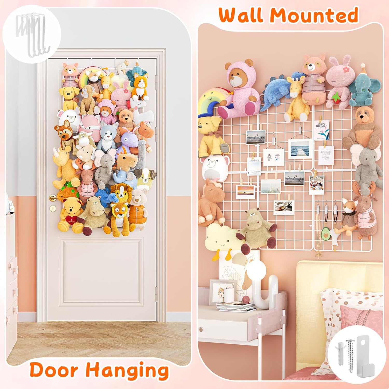 B9 Stuffed Animal Storage, Over the Door Hanging Plush Zoo Storage Organizer for Bedroom Décor, 6 Packs Metal Stuffed Animal Holder for Toddler Rooms, Playrooms, Bedrooms, Nurseries, White