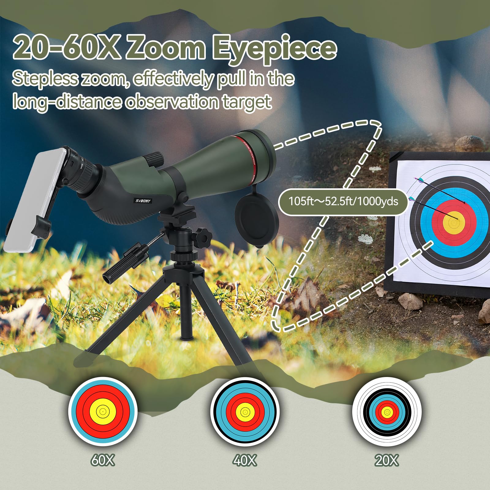Svbony SA412 Spektiv 20-60x80mm HD FMC Spektiv mit 1,25 Zoll Okular Stativ Telefonadapter Fernbedienung