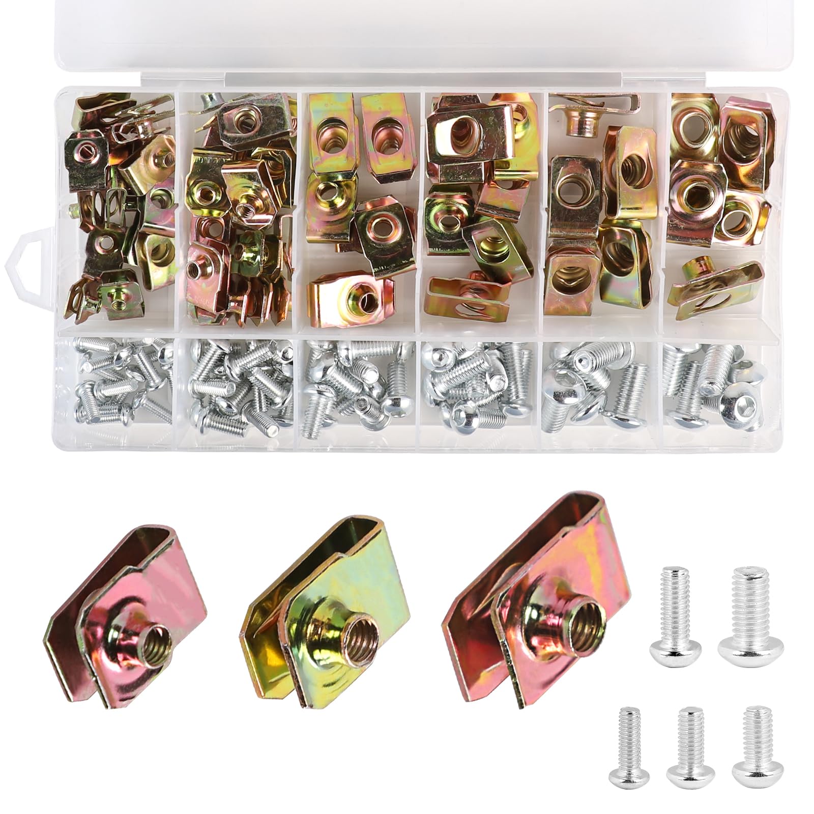 LALAGO Clip à Vis et Écrou de Kit, 115 Pcs M4 M5 M6 M8 de Vis et Écrous de Fixation pour Garde-Boue de Voiture, Écrous Fixation Type U Clips Ecrou, Type U Sous Support de Passage Roue Kit