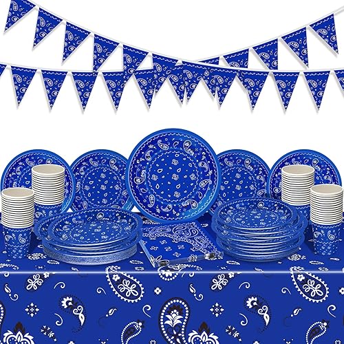 123 piezas de decoración de fiesta de vaquero occidental, incluye 1 mantel de plástico con estampado de cachemira, 2 banderines, 60 platos de papel