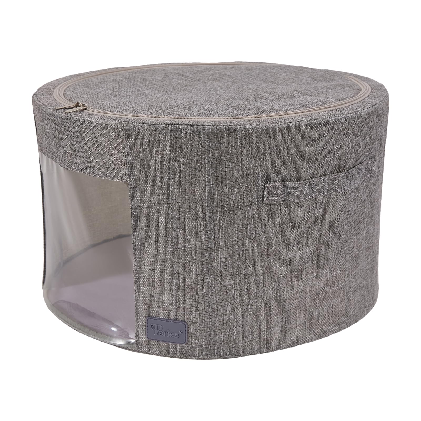 Periea 'Abby' Round Home Storage Boxes with Zip Lids, Front Window & Folding Steel Frame (Grey Hemp, Large)