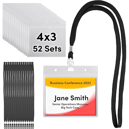 50 Pack Clear Vertical ID Badge Holders & Lanyards - Reusable Name Tag Set For Work, School, Events