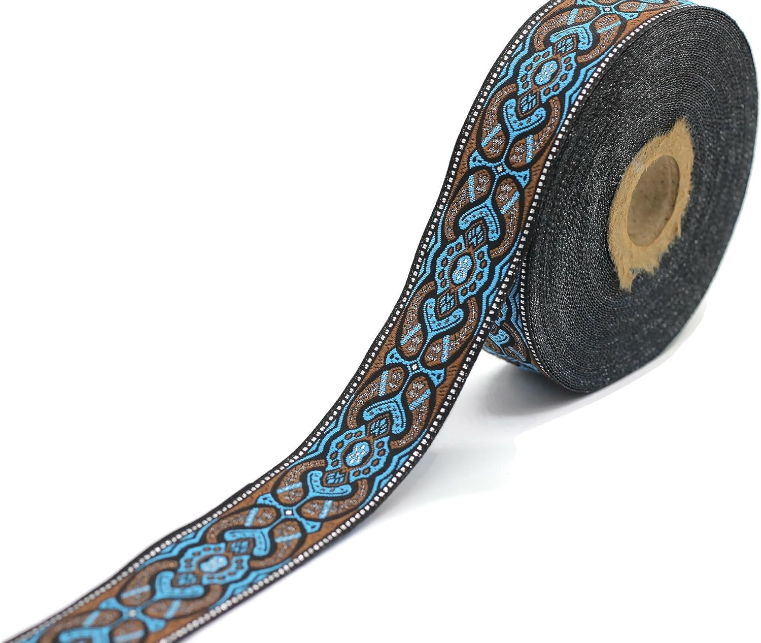 11 Yard Spool 0.98" Blue & Brown Mystic Jacquard Ribbon for Clothing Accessories Woven Border Costume Sewing Trim DIY Craft Supplies 25808 V1