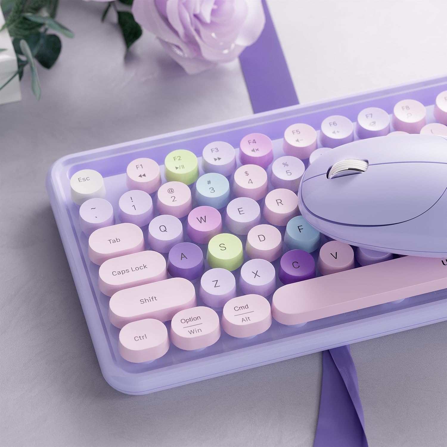 xUBOTIE Wireless Keyboard and Mouse, Colorful 104-Key QWERTY with Round Keys, Phone Holder, Wrist Rest, Power Buttons, 2.4GHz USB for PC Laptop (Purple Colorful