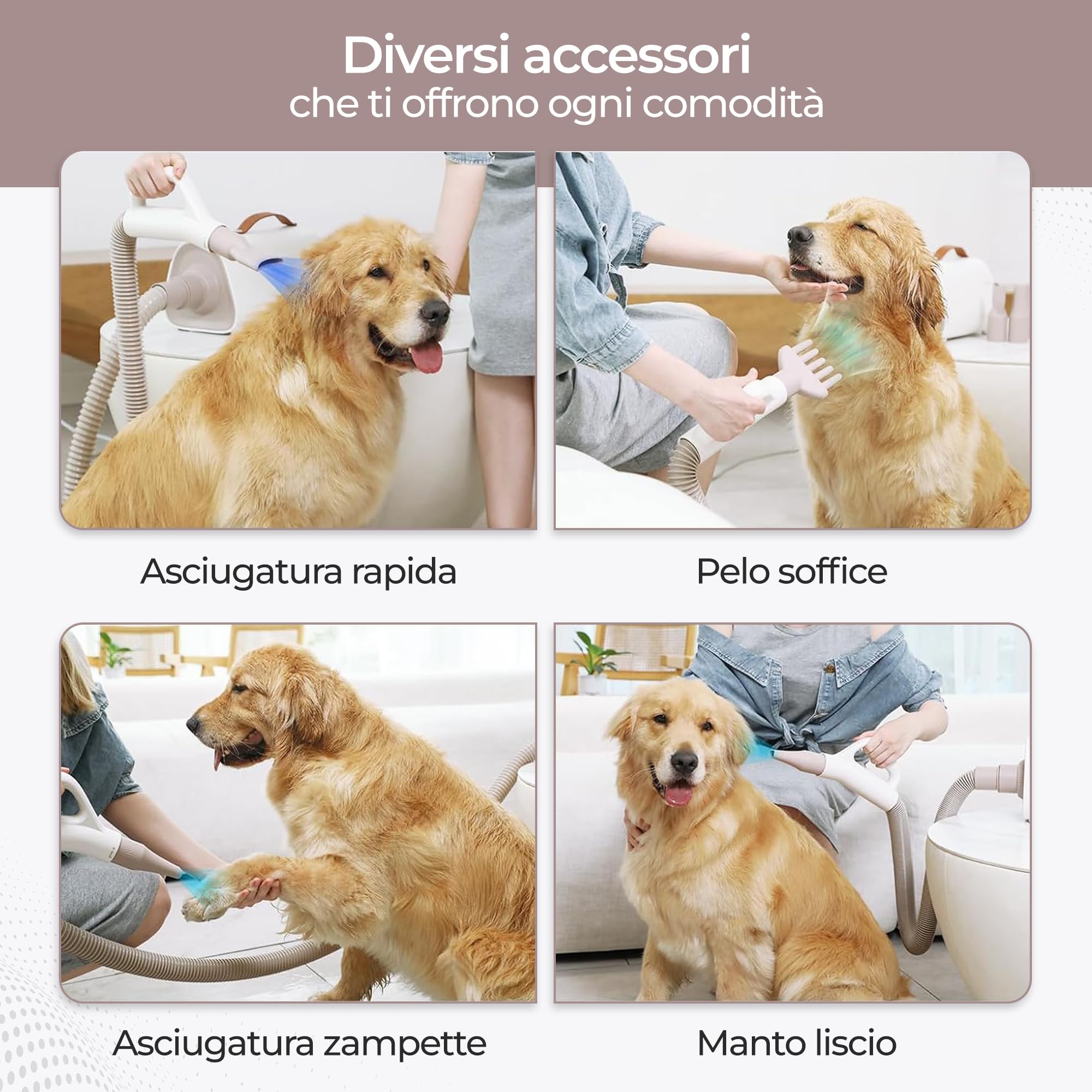 Olvy Asciugacapelli per Cani, Phon per Animali Domestici con Schermo LED Touch, velocità del Vento Regolabile, 4 Ugelli, Soffiatore Professionale per Toelettatura Cani