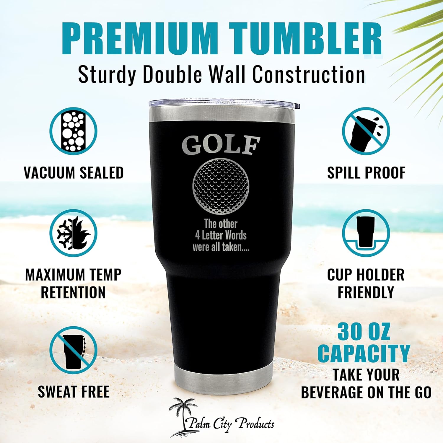 Palm City Products Premium 30 oz Golf Tumbler with Slider Lid – Black Stainless Steel - Excellent Golf Gift – Durable Insulated Tumbler for Hot & Cold Drinks - Image 4