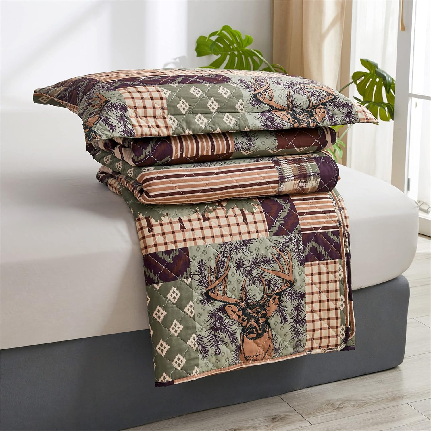 3-Piece Moose Pine Tree Reversible Quilt Set, Checked Color Stripe Rustic Home Lodge The Wilds Quilted Bedspread Coverlet Bedding Set, Lightweight Breathable for All Season (Full/Queen, White Deer) - Image 6