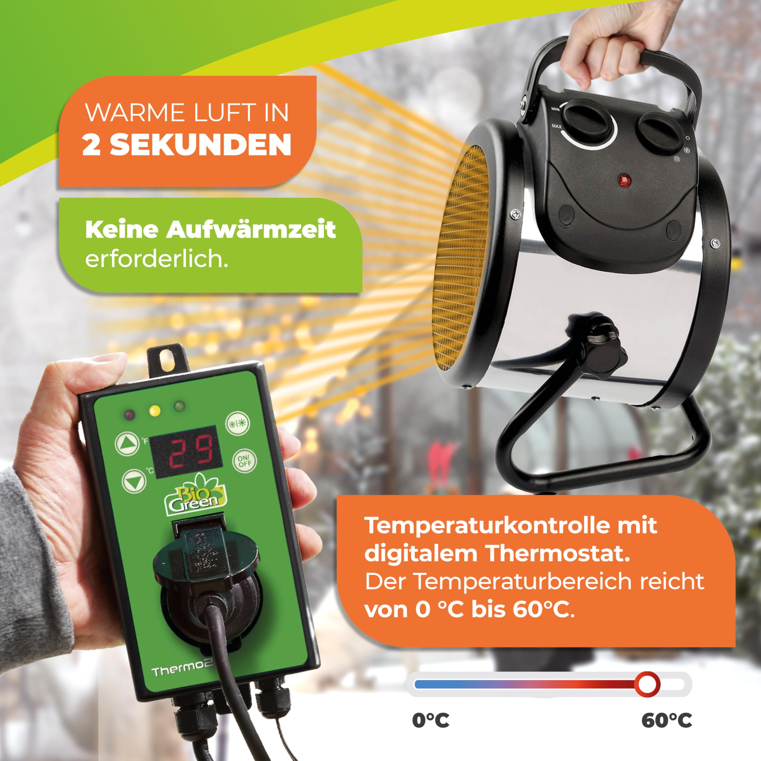 Riscaldatore Elettrico a Ventola Bio Green Palma, Argento/Nero, 2000W