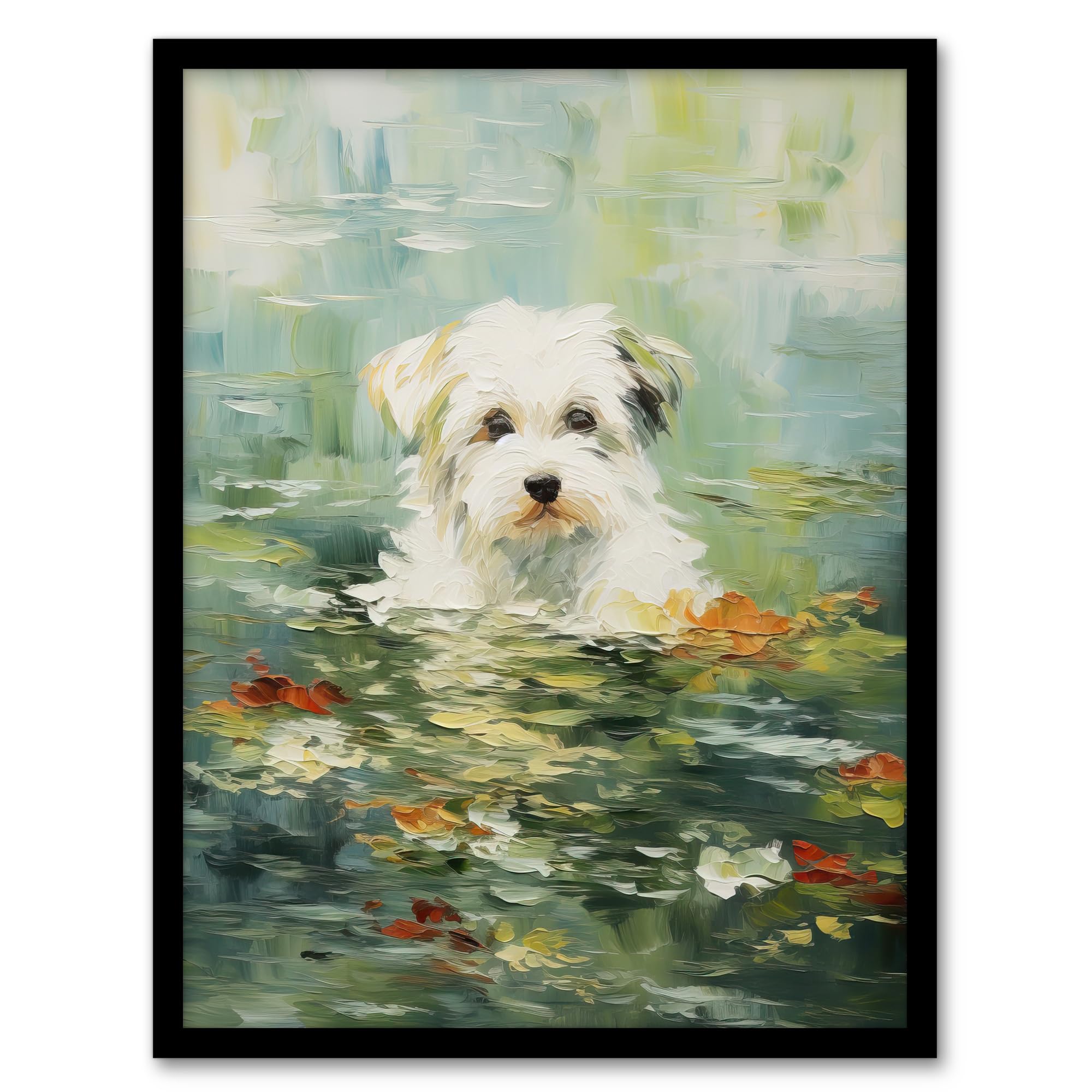 Artery8 Havanese Dog And Water Lilies Claude Monet Style Oil Painting Artwork Framed Wall Art Print A4