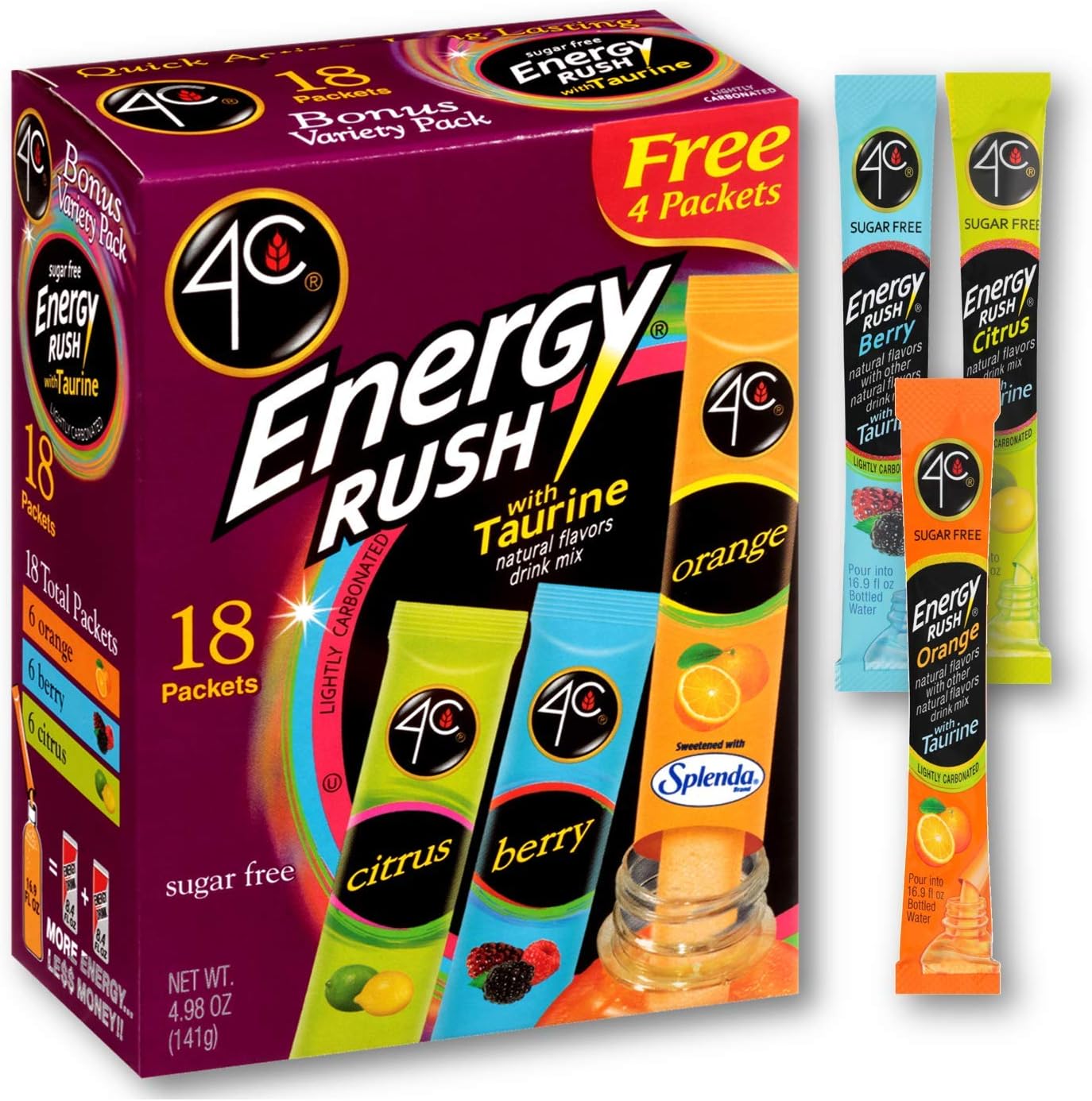 Energy Rush Drink Mix - Pack of 2 Boxes - 18 Packets Each - Makes 36 Servings - 6 Orange, 6 Berry, 6 Citrus Packets - Bonus Variety Pack -Net Wt. 4.987 OZ (141g) Each Box