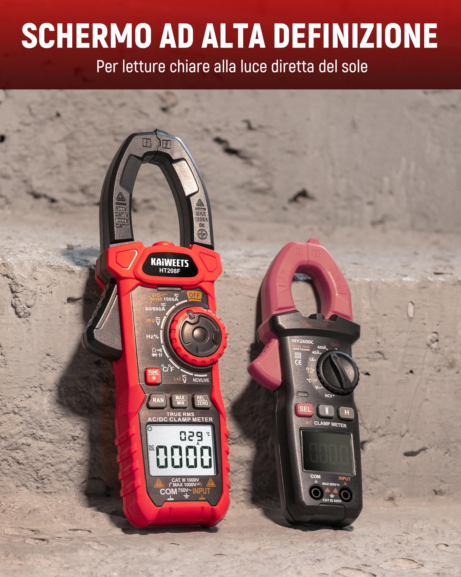 Pinza Amperometrica KAIWEETS AC/DC 1000A, Amperometro Digitale Con Conteggio 6000, Modalità VFD e LOZ, Schermo Bianco e Nero Aggiornato, AC/DC, Resistenza, Capacità, Misurazione Di Sovracorrente
