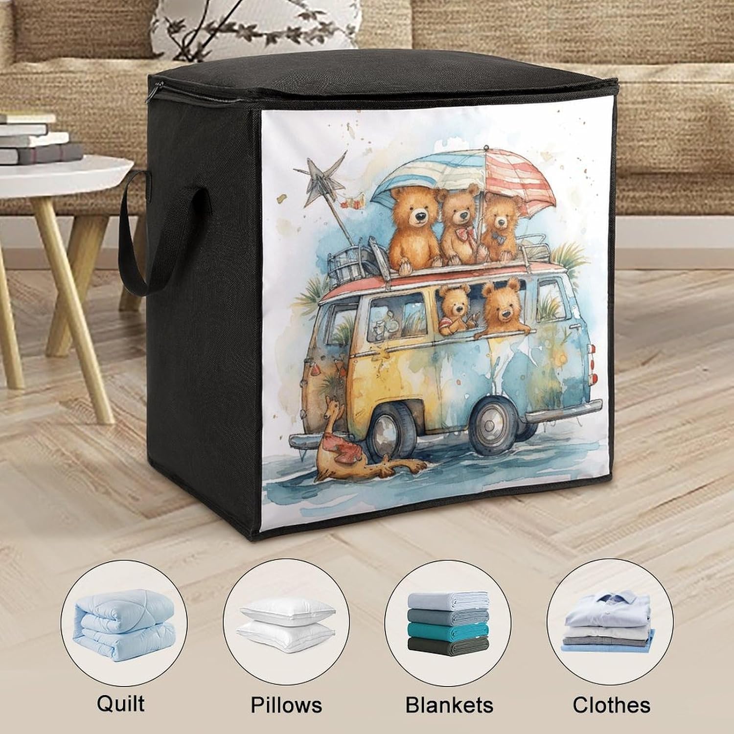 Portable Quilt Storage Bag,Truck And Bear Printed Foldable Wardrobe Storage Box Foldable Storage Bag with Lids And Handle Large Clothing Storage Bag for Comforters Clothes Blankets Pillows