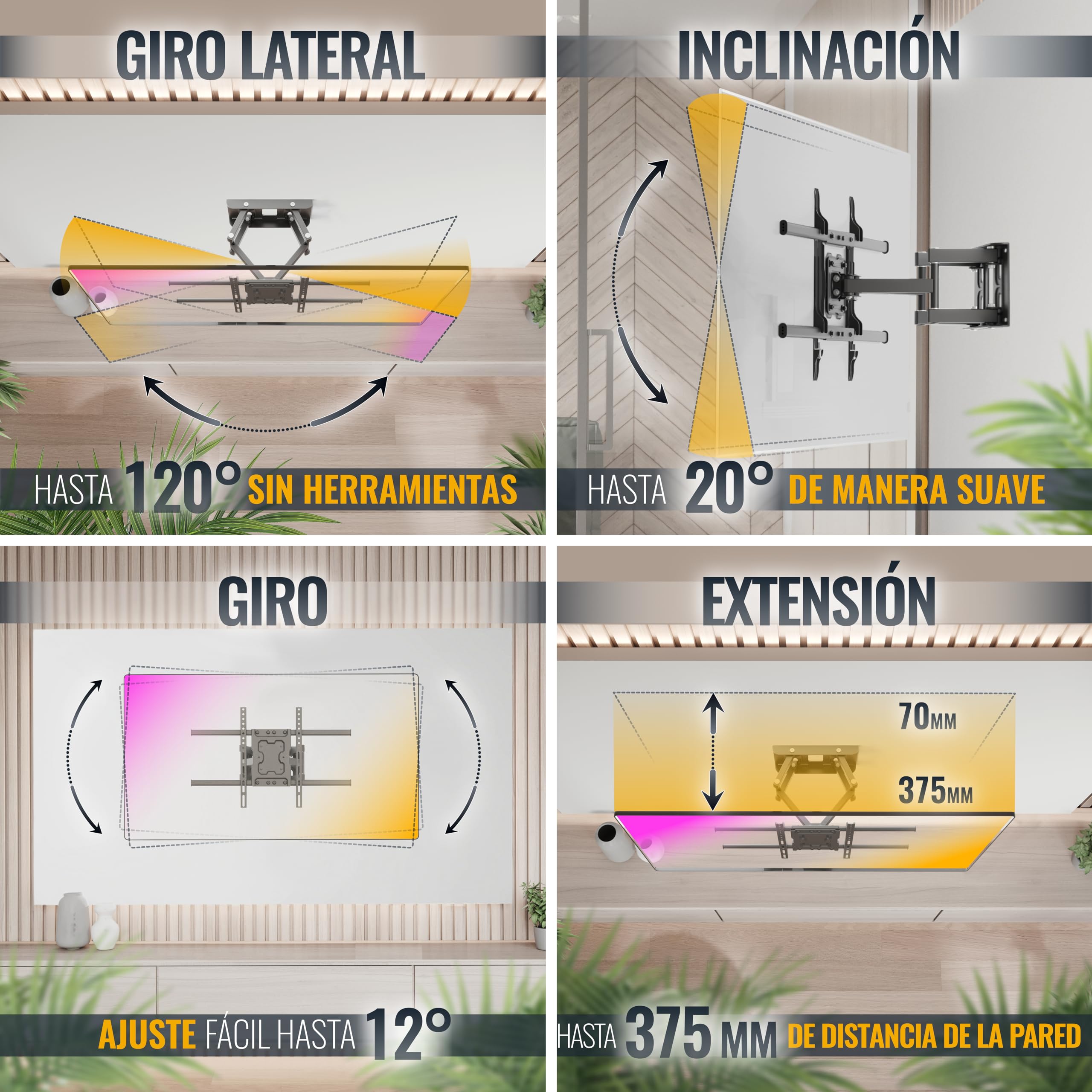 RICOO Soporte TV Pared Giratorio Inclinable Televisión 40-65" (102-165cm) S7264 Brazo Universal Televisor LED/LCD/Curvo VESA 300x200-600x400