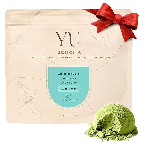 Yu Tea Decaf Organic Sencha Green Tea Powder  Rico en antioxidantes, EGCG y L-teanina  Hoja japonesa pura de primera cosecha  Sin cafeína y sin