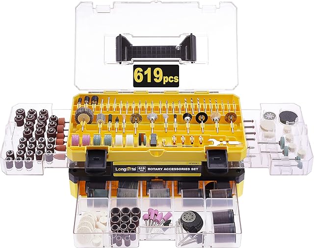 Rotary Tool Accessories Kit, Longmate 619pcs Rotary Tool Bits, 3.2mm Shank Electric Grinder Attachments for Cutting, Grinding, Sanding, Sharpening, Carving, Polishing, Engraving for Wood, Glass, Metal