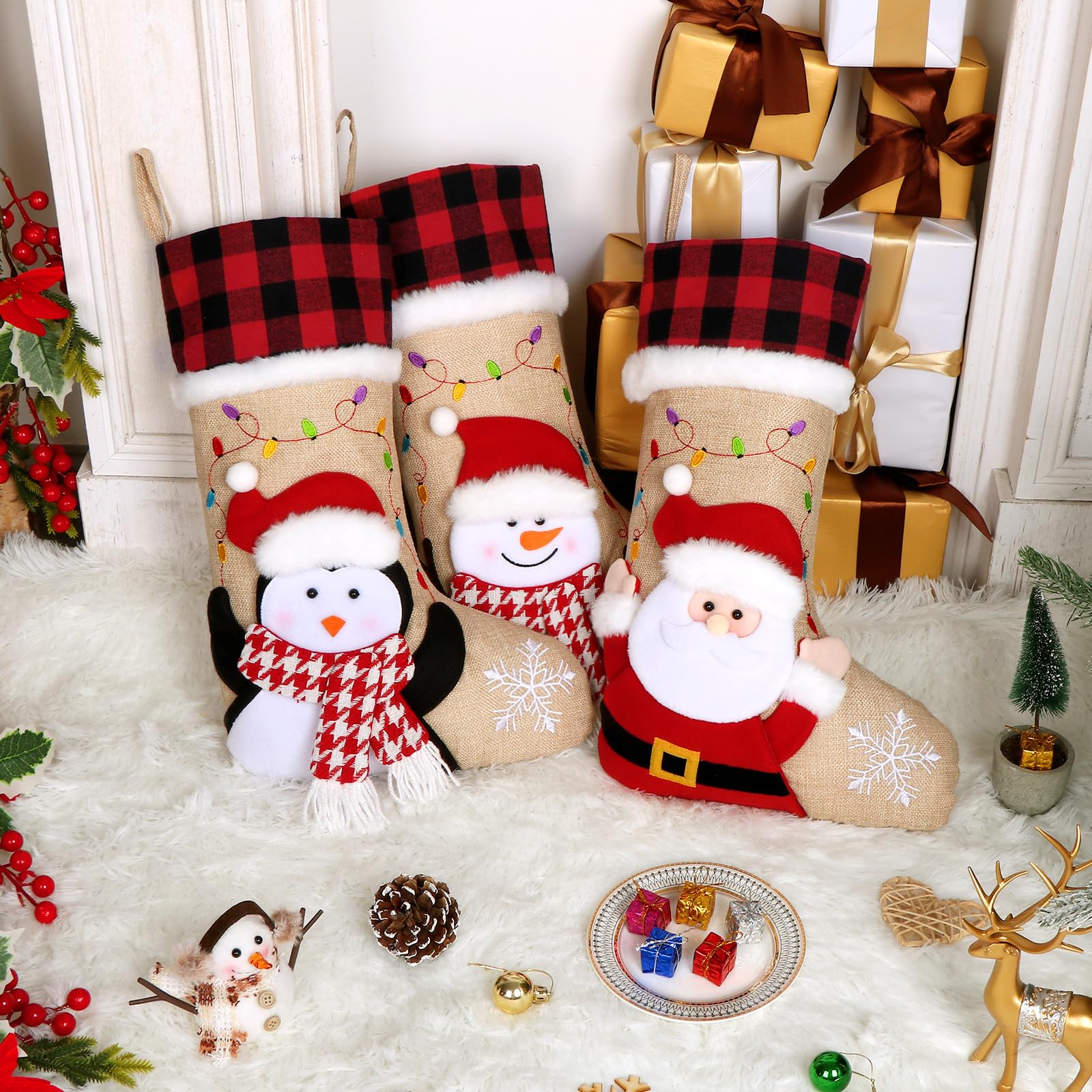 Set di 3 calze natalizie classiche lunghe 45 cm (18 pollici) con Babbo