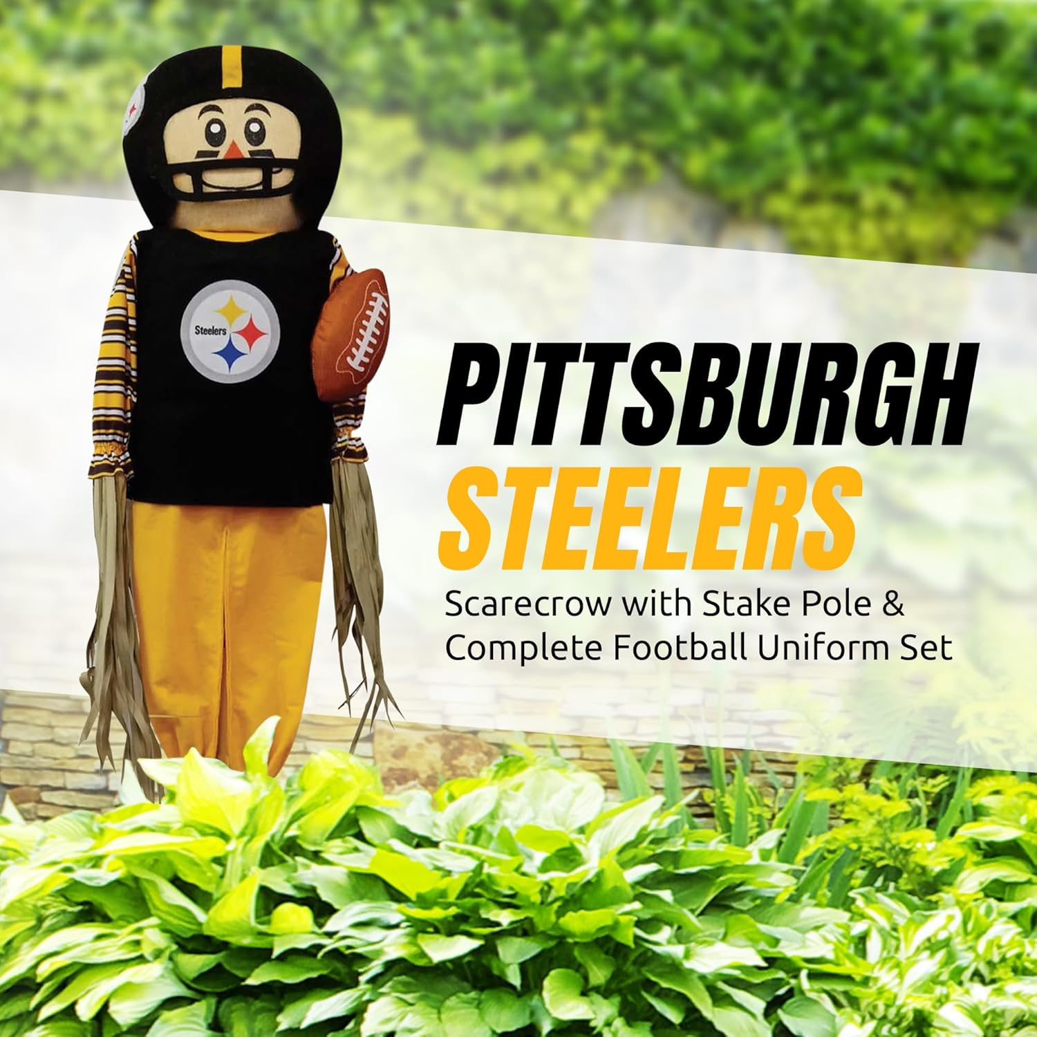 Sporticulture NFL Pittsburgh Steelers Scarecrow With Stake Pole & Complete Football Uniform Set - 60" x 12" x 3.5" Outdoor Sports Decoration Perfect For A Front Yard, Garden, Or Tailgating